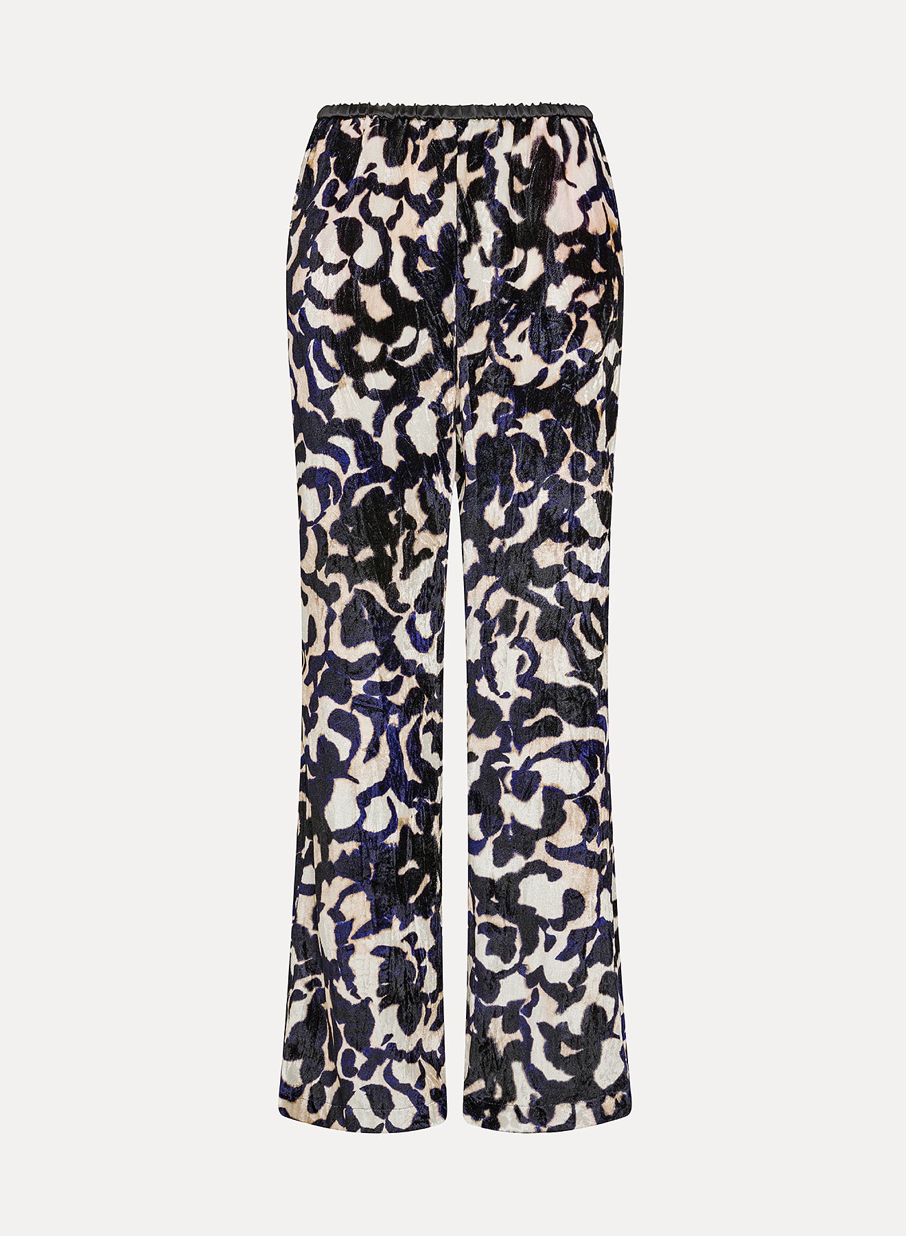 מכנסי קטיפה מתרחבים עם רצועת מותן בהדפס ורדיםהרכב: 75% ויסקוזה, 25% פוליאסטר; בד משני: 60% אצטט, 40% ויסקוזההדוגמנית בגובה 1.80 ולובשת מידה 40 איטלקית (מידה I של פורטה פורטה)