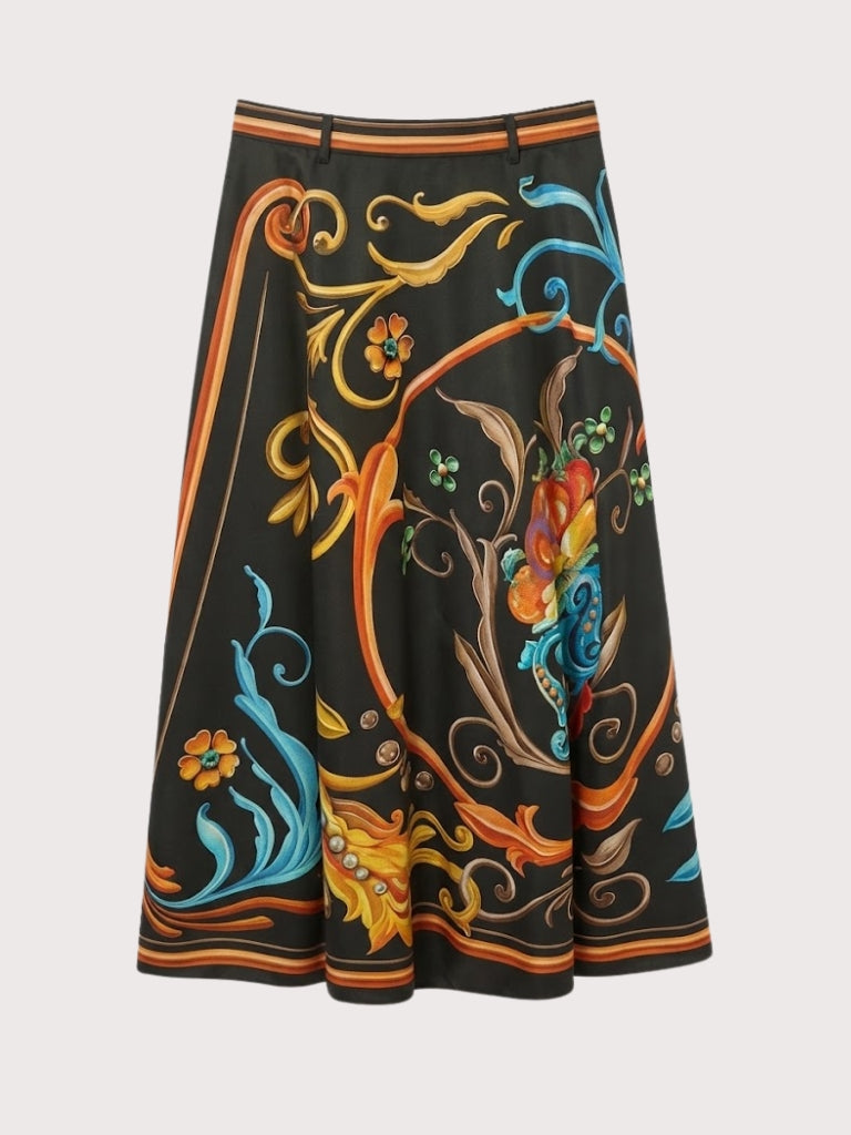 חצאית גזרת-פעמון (circle skirt) מבד גברדין כותנה מודפס, עם הדפס בהשראת המוטיבים המתפתלים של ה"פילטֶאָדוֹ פּוֹרטֶניוֹ" (Fileteado Porteño). דגם אייקוני מתצוגת האופנה.הרכב: 100% כותנההדוגמנית בגובה 1.80 ולובשת מידה 42 איטלקי