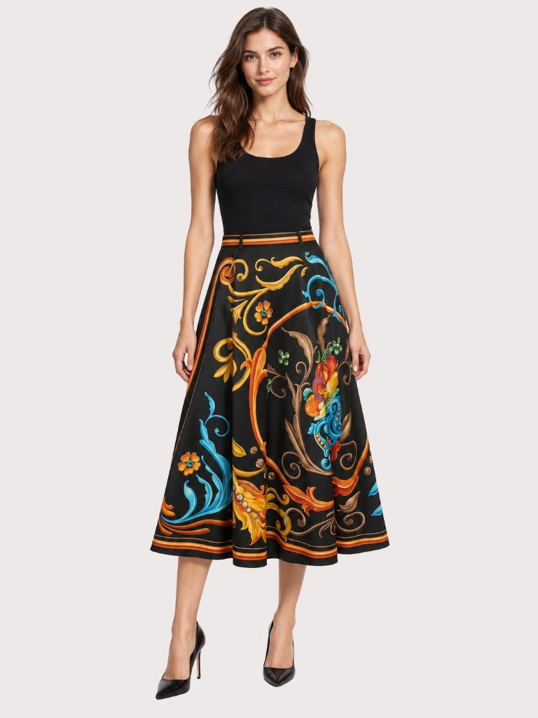 חצאית גזרת-פעמון (circle skirt) מבד גברדין כותנה מודפס, עם הדפס בהשראת המוטיבים המתפתלים של ה"פילטֶאָדוֹ פּוֹרטֶניוֹ" (Fileteado Porteño). דגם אייקוני מתצוגת האופנה.הרכב: 100% כותנההדוגמנית בגובה 1.80 ולובשת מידה 42 איטלקי