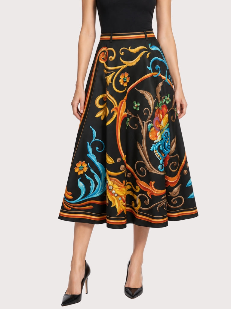 חצאית גזרת-פעמון (circle skirt) מבד גברדין כותנה מודפס, עם הדפס בהשראת המוטיבים המתפתלים של ה"פילטֶאָדוֹ פּוֹרטֶניוֹ" (Fileteado Porteño). דגם אייקוני מתצוגת האופנה.הרכב: 100% כותנההדוגמנית בגובה 1.80 ולובשת מידה 42 איטלקי