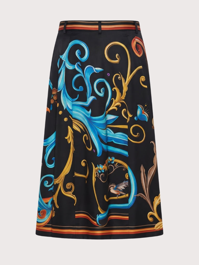 חצאית גזרת-פעמון (circle skirt) מבד גברדין כותנה מודפס, עם הדפס בהשראת המוטיבים המתפתלים של ה"פילטֶאָדוֹ פּוֹרטֶניוֹ" (Fileteado Porteño). דגם אייקוני מתצוגת האופנה.הרכב: 100% כותנההדוגמנית בגובה 1.80 ולובשת מידה 42 איטלקי