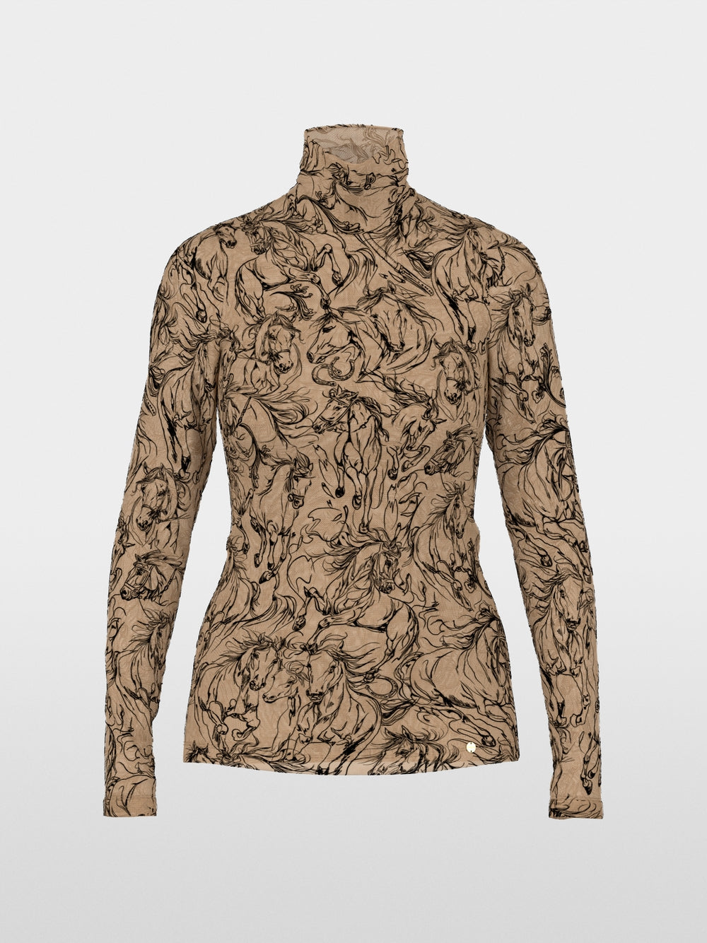 חולצה בגזרה צרה (Slim fit) עם שרוולים ארוכים, עשויה בד סטרצ'י אלסטי, המשלבת נוחות עם עיצוב יוצא דופן. צווארון עומד אלגנטי יוצר סילואט עכשווי. הדגש בחולצה הוא על הדפס האיכותי והקטיפתי של סוסים דוהרים.עיצוב בגזרה צרה, צווארון עומד, שרוולים ארוכים, ותווית לוגו קטנה.הרכב: 54% פוליאמיד, 46% ויסקוזההדוגמנית בגובה 1.79 ולובשת מידה 3 של מארק קיין
