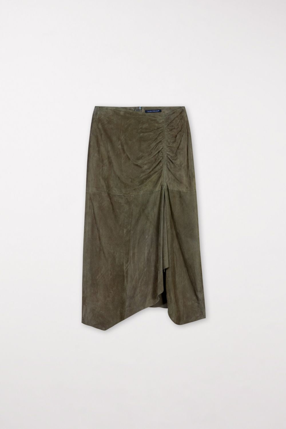 חצאית זמש א סימטרית עם כיווציםהרכב: 100% עור; בטנה: 100% פוליאסטרהדוגמנית בגובה 1.78 ולובשת מידה 36 אירופאית