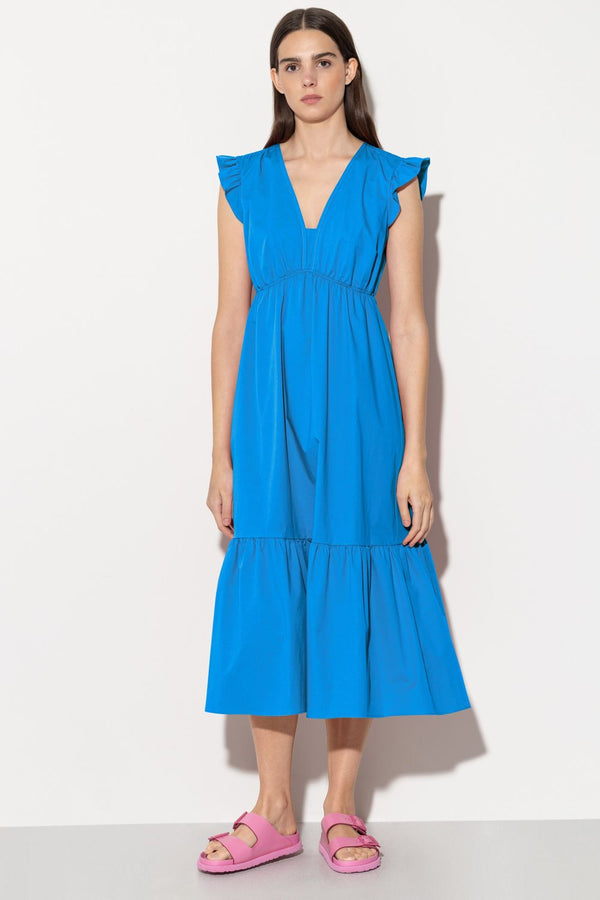 שמלת כותנה פלואידית אורך מידי בצבע כחול שמיים ללא שרוולים עם וולן צווארון מפתח V