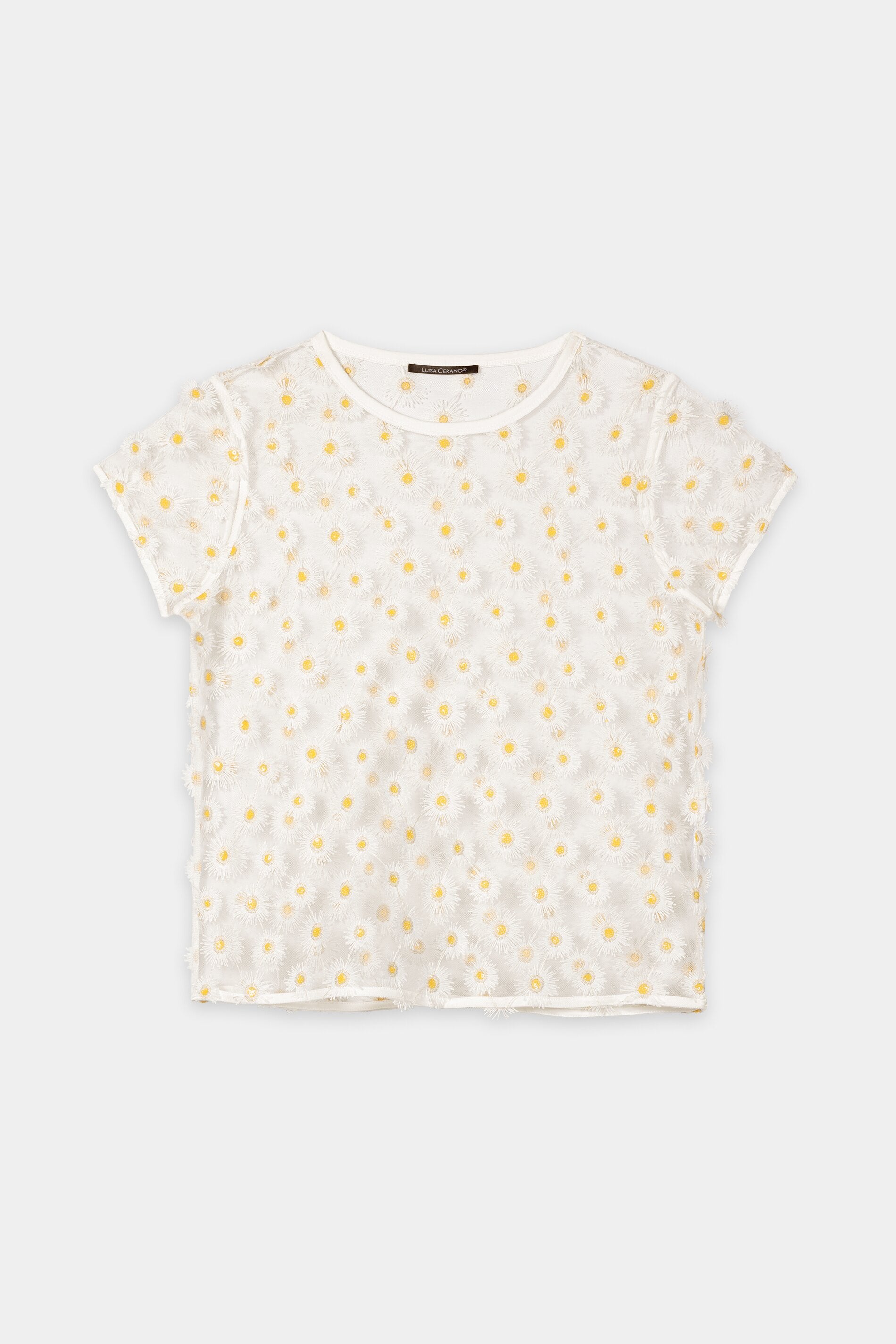 חולצה מבית המותג Luisa Cerano, עשויה בד טול שקוף בעיטור רקמת פרחים תלת מימדית. עם שרוולים קצרים וצאוורון עגול. ללא בטנה.הרכב: 100% פוליאסטרהדוגמנית בגובה 1.78 ולובשת מידה 36 של Luisa Cerano