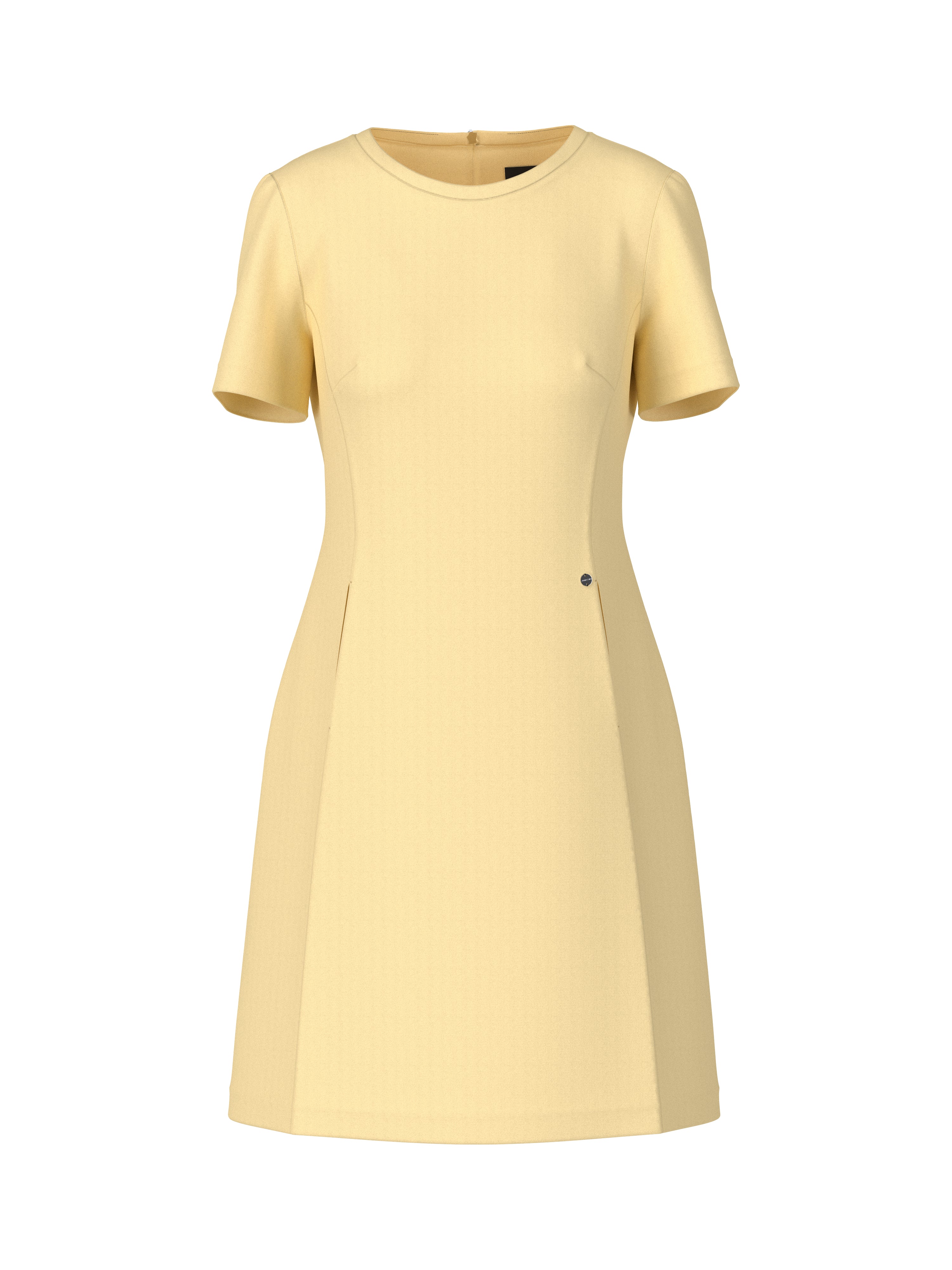 שמלה עשויה בד נמתח בעלת מותן צמוד, חצאית מתרחבת, וכיסים צדדיים הרכב: 69% ויסקוזה, 29% פוליאמיד, 2% אלסטןהדוגמנית בגובה 1.79 ולובשת מידה 3 של מארק קיין