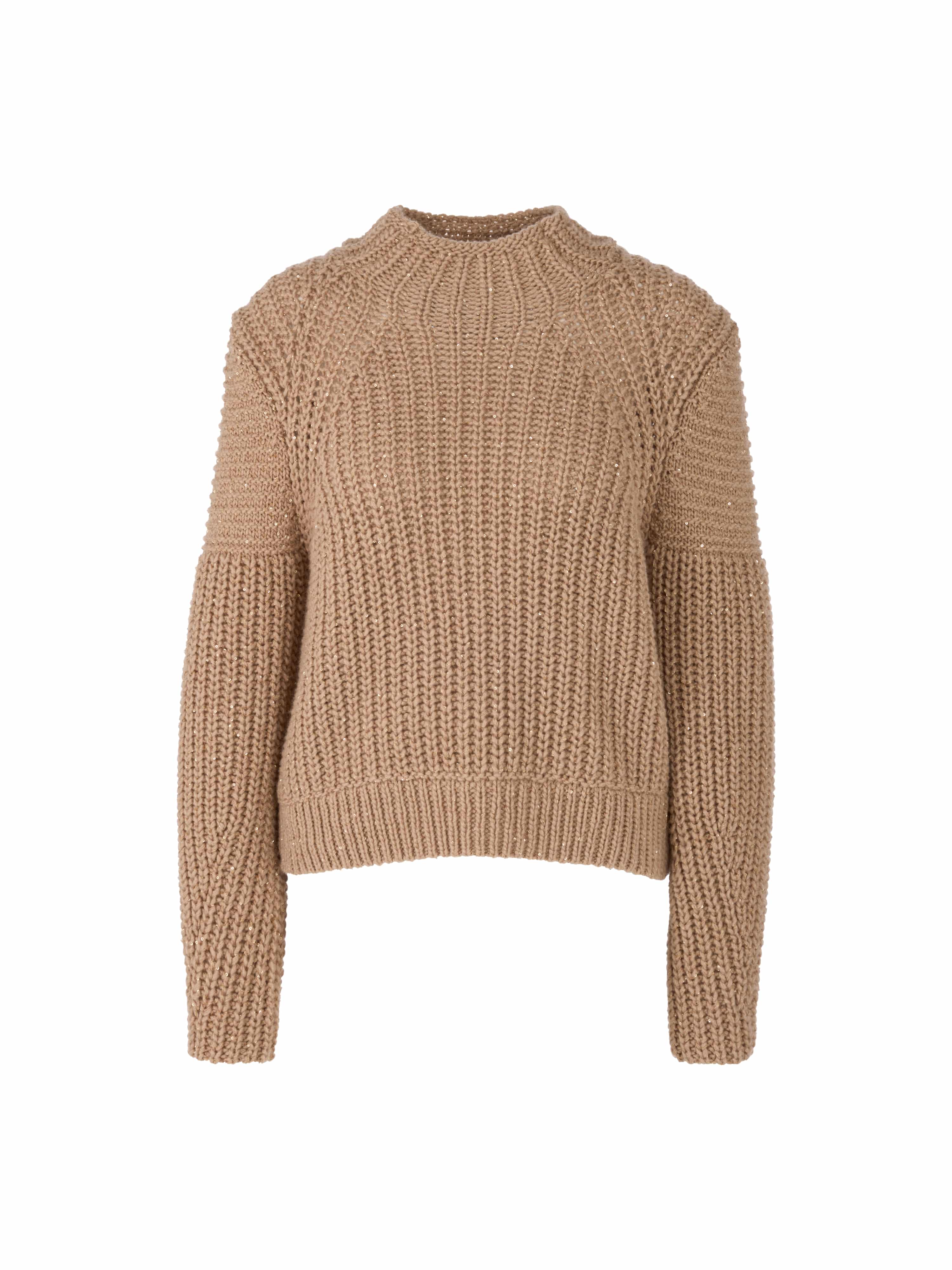 סוודר סרוג עם ברק עדין בגזרה ישרהשרוולים ארוכים וצווארון עומד בגוון בהיר חוםהרכב בד: 44% צמר טהור, 37% קשמיר, 7% פוליאמיד, 7% משי, 5% פוליאסטרהדוגמנית בגובה 1.79 ולובשת מידה 3 של מארק קיין