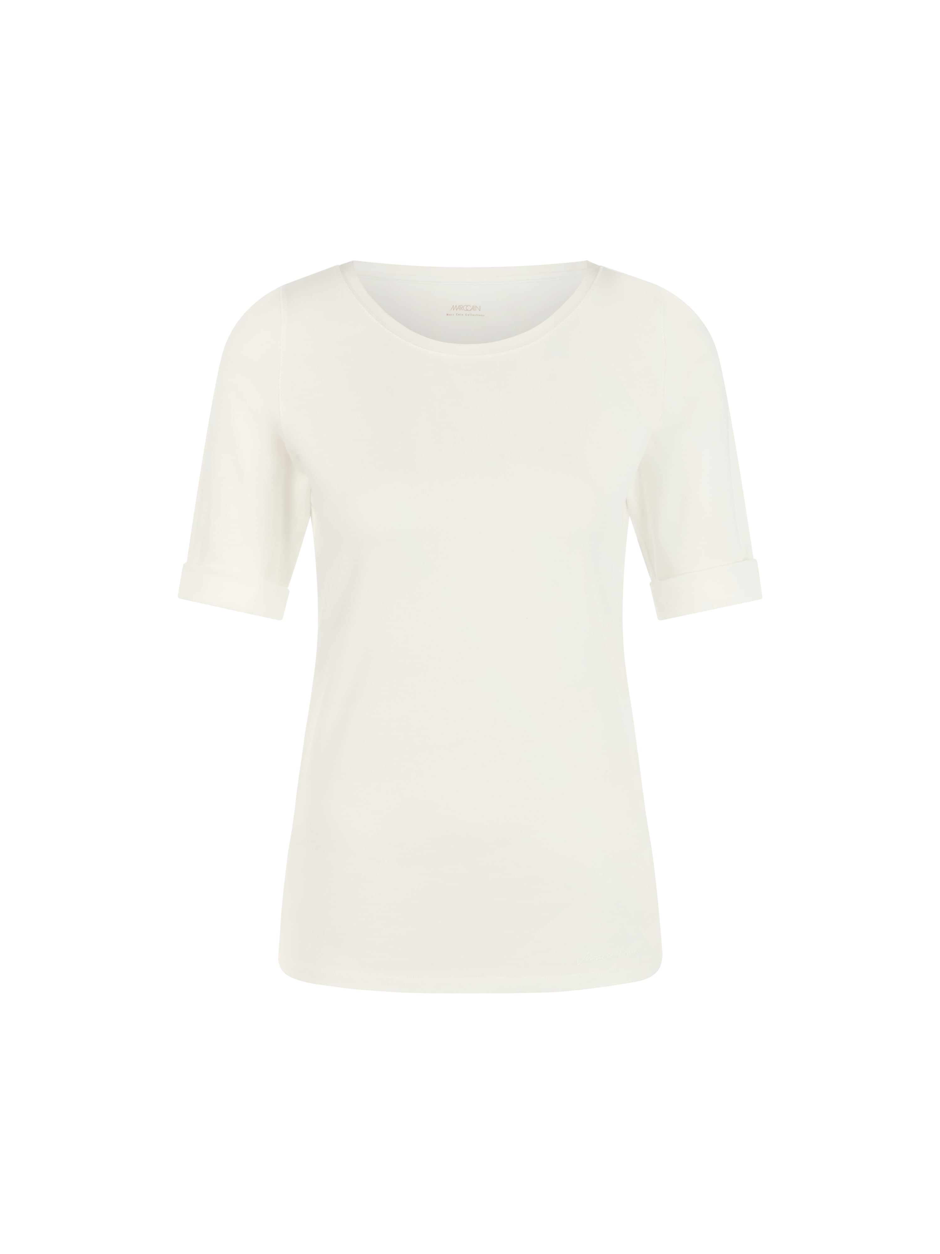 חולצת טי בגזרה צמודה עשויה כותנה נמתחת עם צווארון עגולהרכב: 92% כותנה, 8% אלסטןהדוגמנית בגובה 1.79 ולובשת מידה 3 של מארק קיין