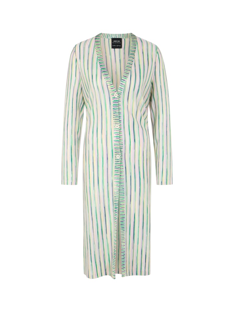 קרדיגן ארוך ואלגנטי, עשוי סריג ויסקוזה רך בשילוב לורקס למראה ברק עדין, בדוגמת פסים בגוונים בהירים. גזרה קלילה ונינוחה, באורך הברך, צווארון וי, סגירה באמצעות כפתורים, ושסעים במכפלת.הרכב: 91% ויסקוזה, 7% כותנה אורגנית, 2% סיבים מתכתייםהדוגמנית בגובה 1.79 ולובשת מידה 3 של מארק קיין