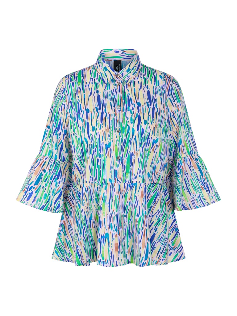 חולצה מכופתרת בגזרה רחבה ומחוייטת, עשויה כותנה קלה ונעימה. צללית נשית עם סיומת פפלום מתרחבת, שרוולי פעמון באורך ¾, צווארון קלאסי, וסגירת כפתורים לכל האורך.הרכב: 100% כותנההדוגמנית בגובה 1.79 ולובשת מידה 3 של מארק קיין