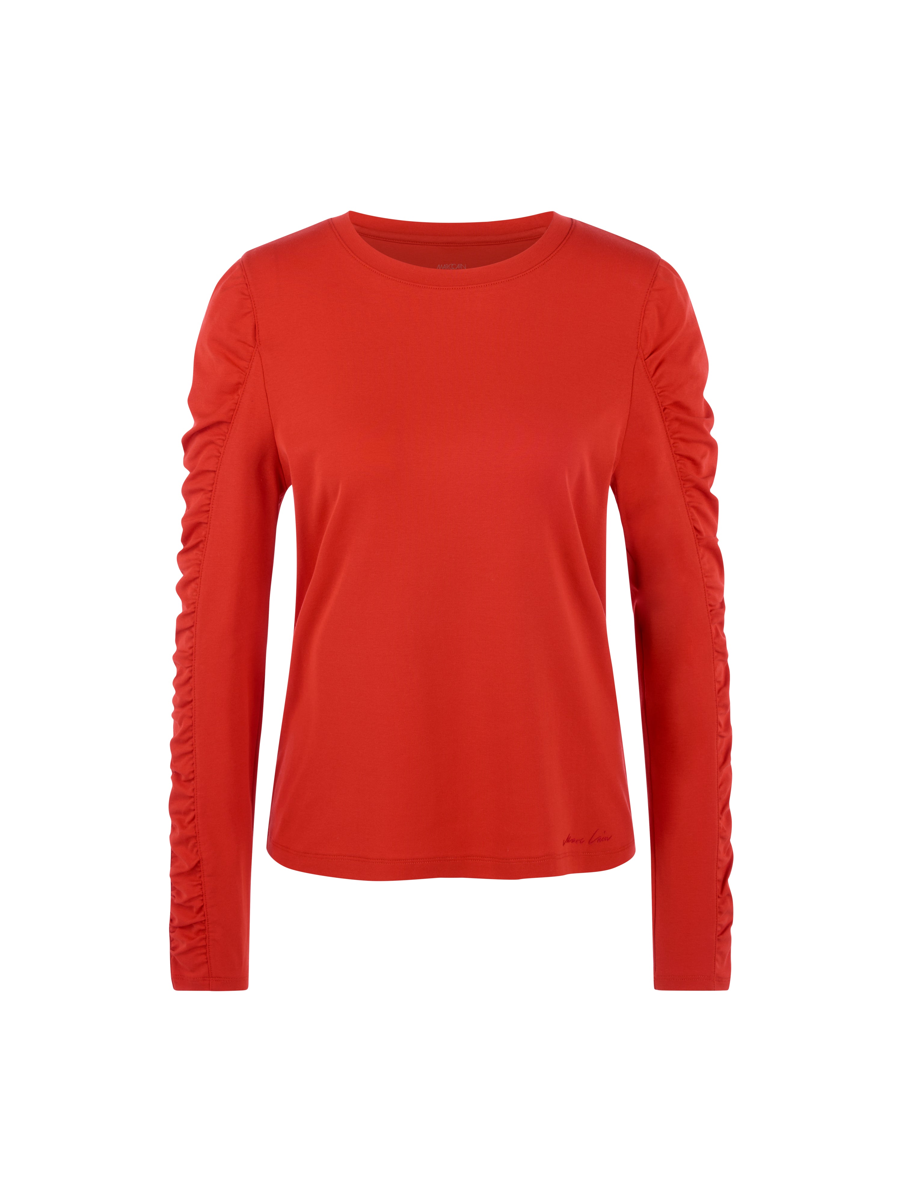 חולצה ארוכת שרוולים עם קפלים וצווארון עגולהרכב: 95% כותנה, 5% אלסטןהדוגמנית בגובה 1.79 ולובשת מידה 3 של מארק קיין