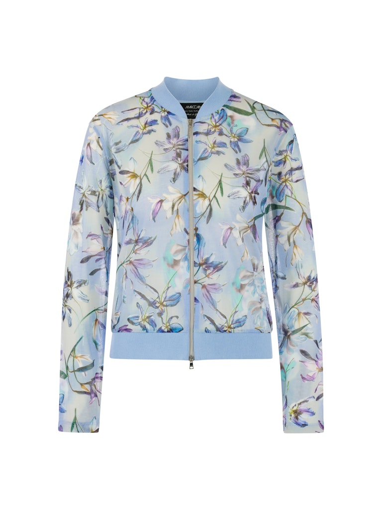 קרדיגן דק וקליל, מבד שקפקף בהדפס פרחוני. גזרה ישרה, עם גימור מנג'ט ריב במכפלת ובצווארון, וסגירה באמצעות רוכסן דו כיווני.הרכב: 82% כותנה, 18% פוליאמידהדוגמנית בגובה 1.79 ולובשת מידה 3 של מארק קיין