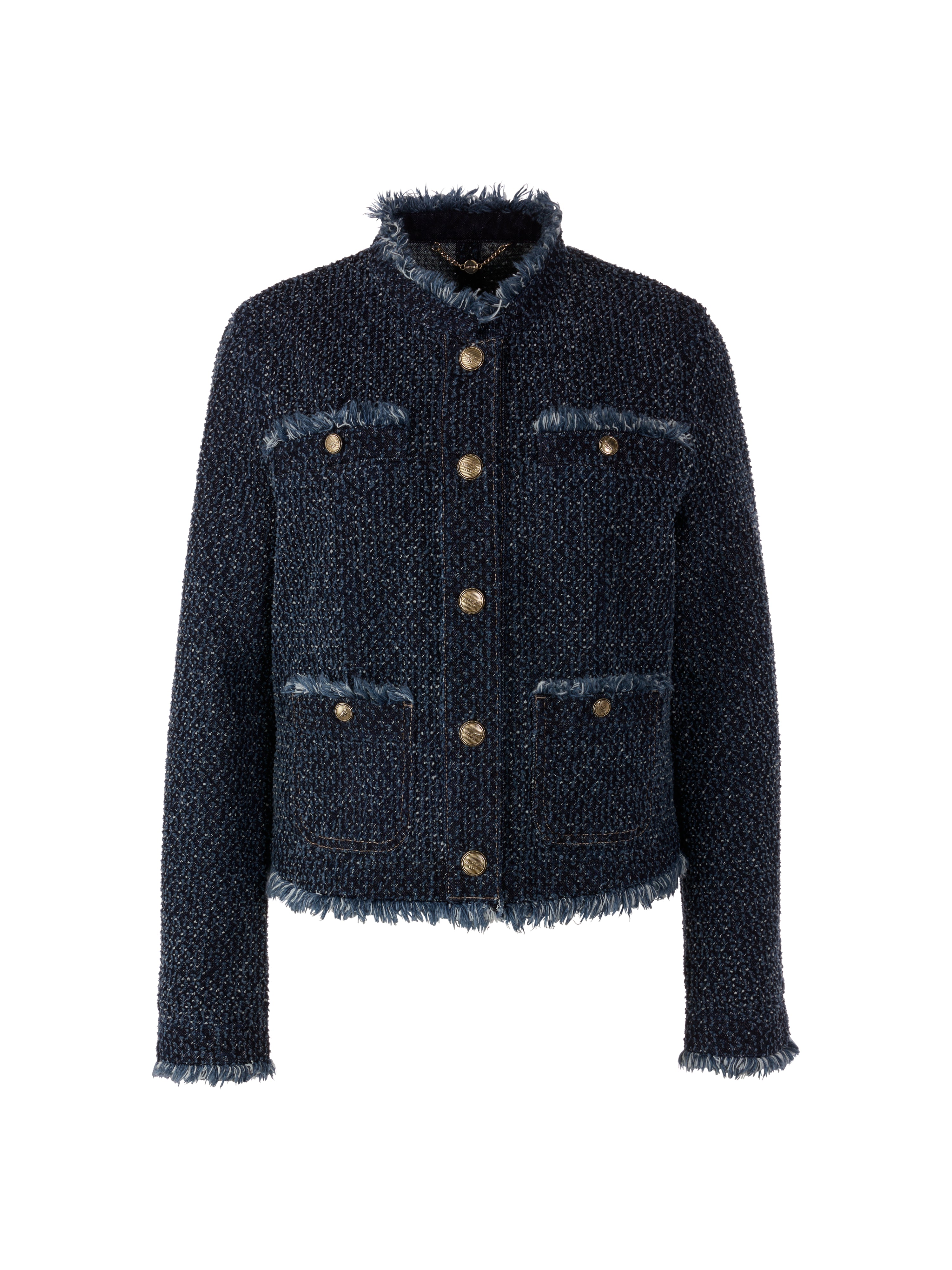 ז'קט ג'ינס בגזרה ישרה בעיטור פרנזים, כפתורי לוגו וכיסי טלאיםהרכב: 100% כותנההדוגמנית בגובה 1.79 ולובשת מידה 3 של מארק קיין