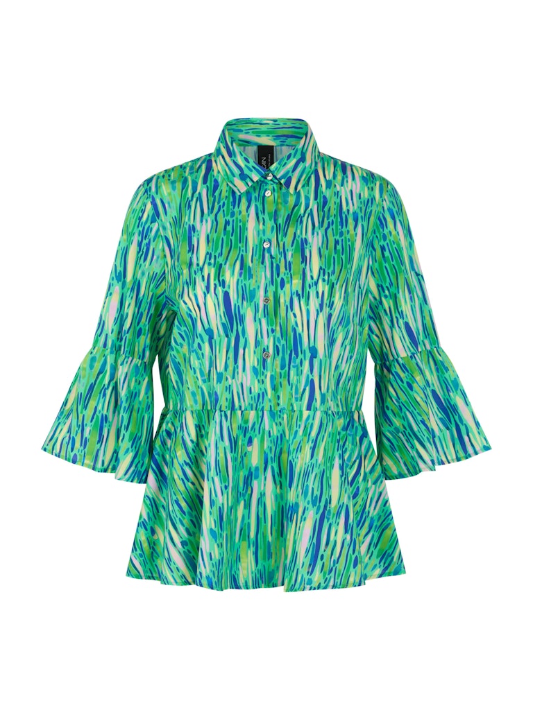 חולצה מכופתרת בגזרה רחבה ומחוייטת, עשויה כותנה קלה ונעימה. צללית נשית עם סיומת פפלום מתרחבת, שרוולי פעמון באורך ¾, צווארון קלאסי, וסגירת כפתורים לכל האורך.הרכב: 100% כותנההדוגמנית בגובה 1.79 ולובשת מידה 3 של מארק קיין