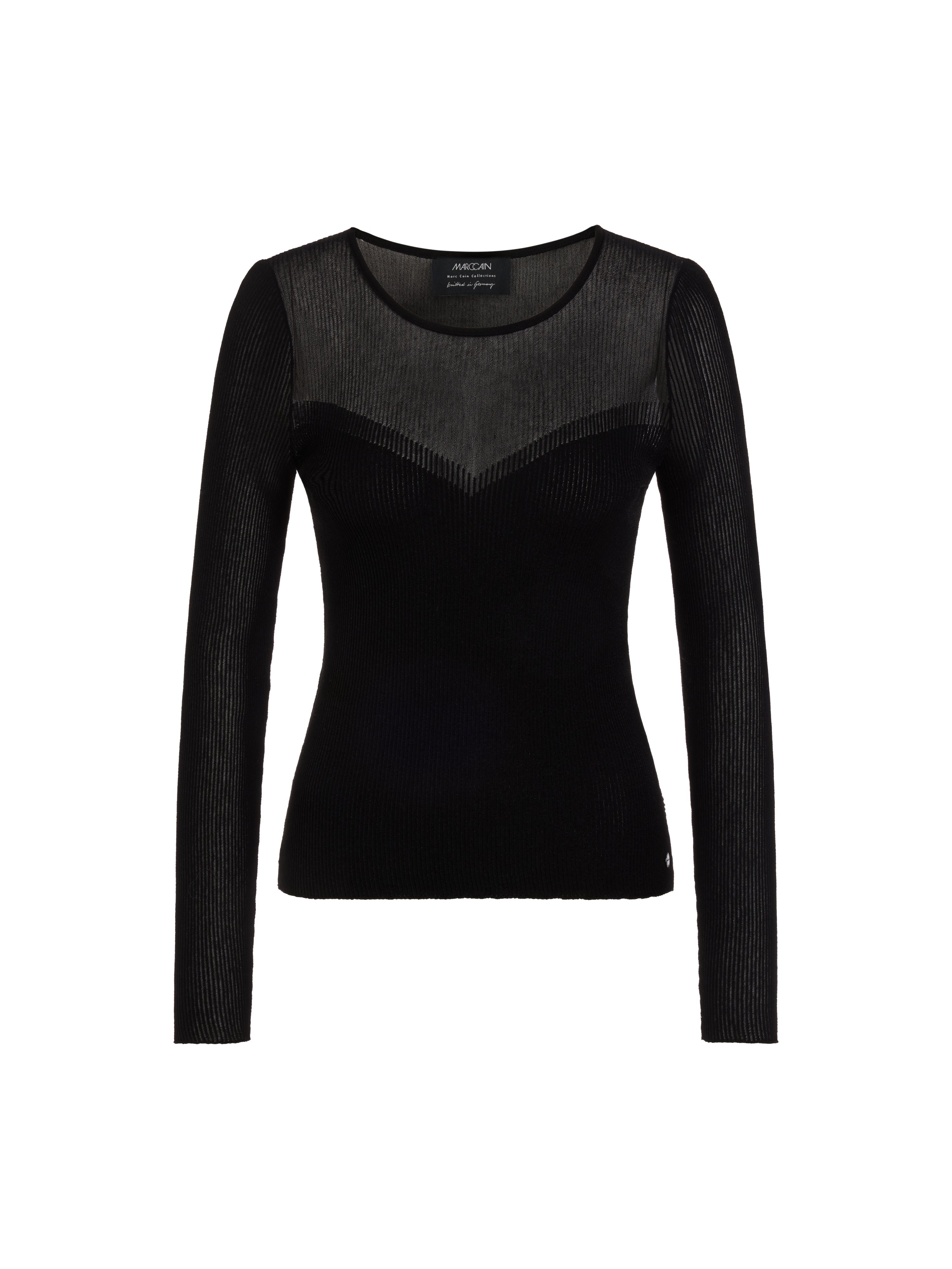 סריג בגזרה צמודה עם דקולטה בצורת V, שקוף למחצההרכב: 59% ויסקוזה (ממוחזר), 27% כותנה, 8% פוליאסטר, 6% פוליאמידהדוגמנית בגובה 1.79 ולובשת מידה 3 של מארק קיין