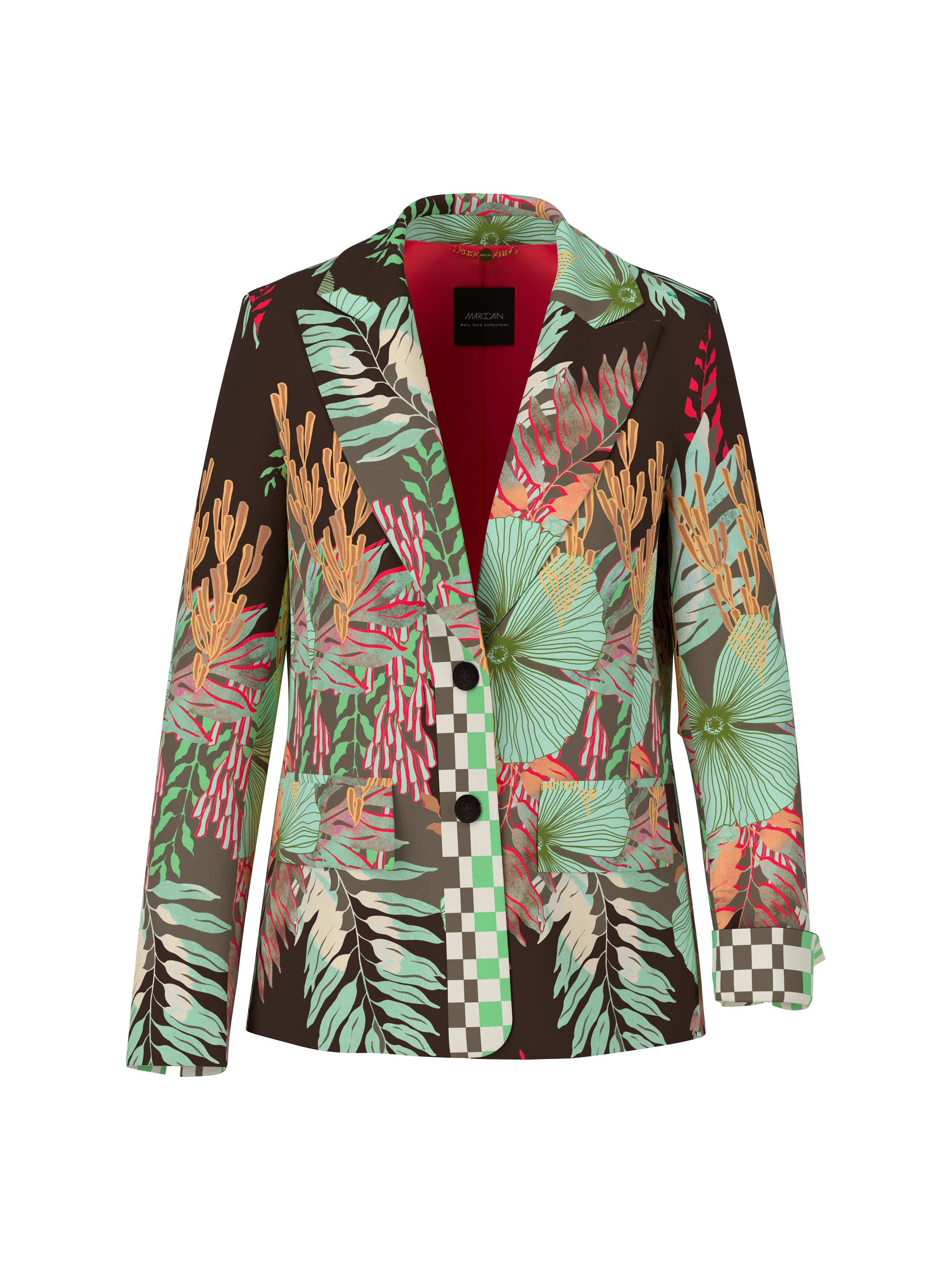 בלייזר מחוייט עם הדפס פרחוני בשילוב פרטים גאומטריים הרכב: 97% פוליאסטר, 3% אלסטןהדוגמנית בגובה 1.79 ולובשת מידה 3 של מארק קיין