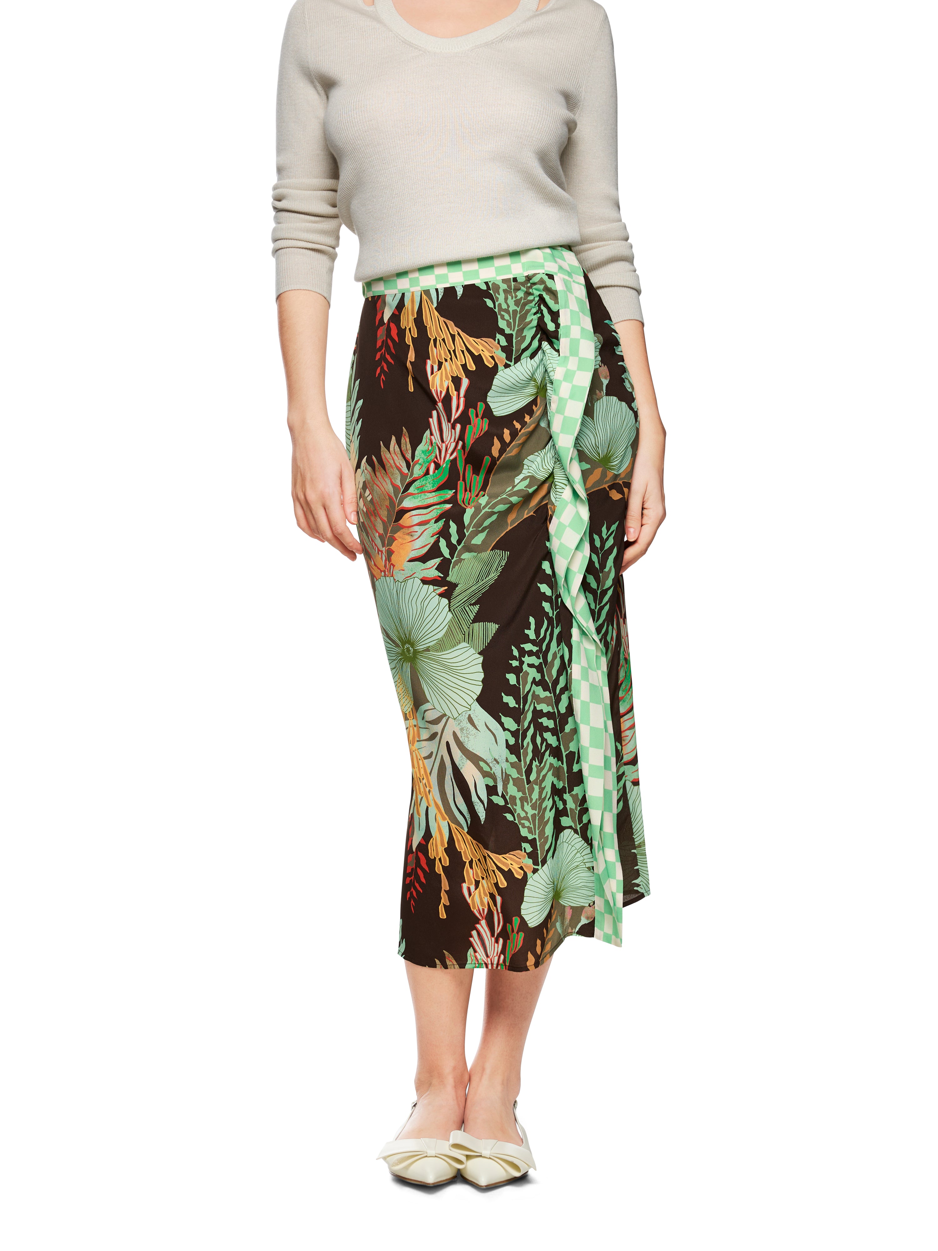 חצאית מידי עם הדפס פרחוני בסגירת רוכסן צדדיהרכב: 66% ויסקוזה, 34% משיהדוגמנית בגובה 1.79 ולובשת מידה 3 של מארק קיין