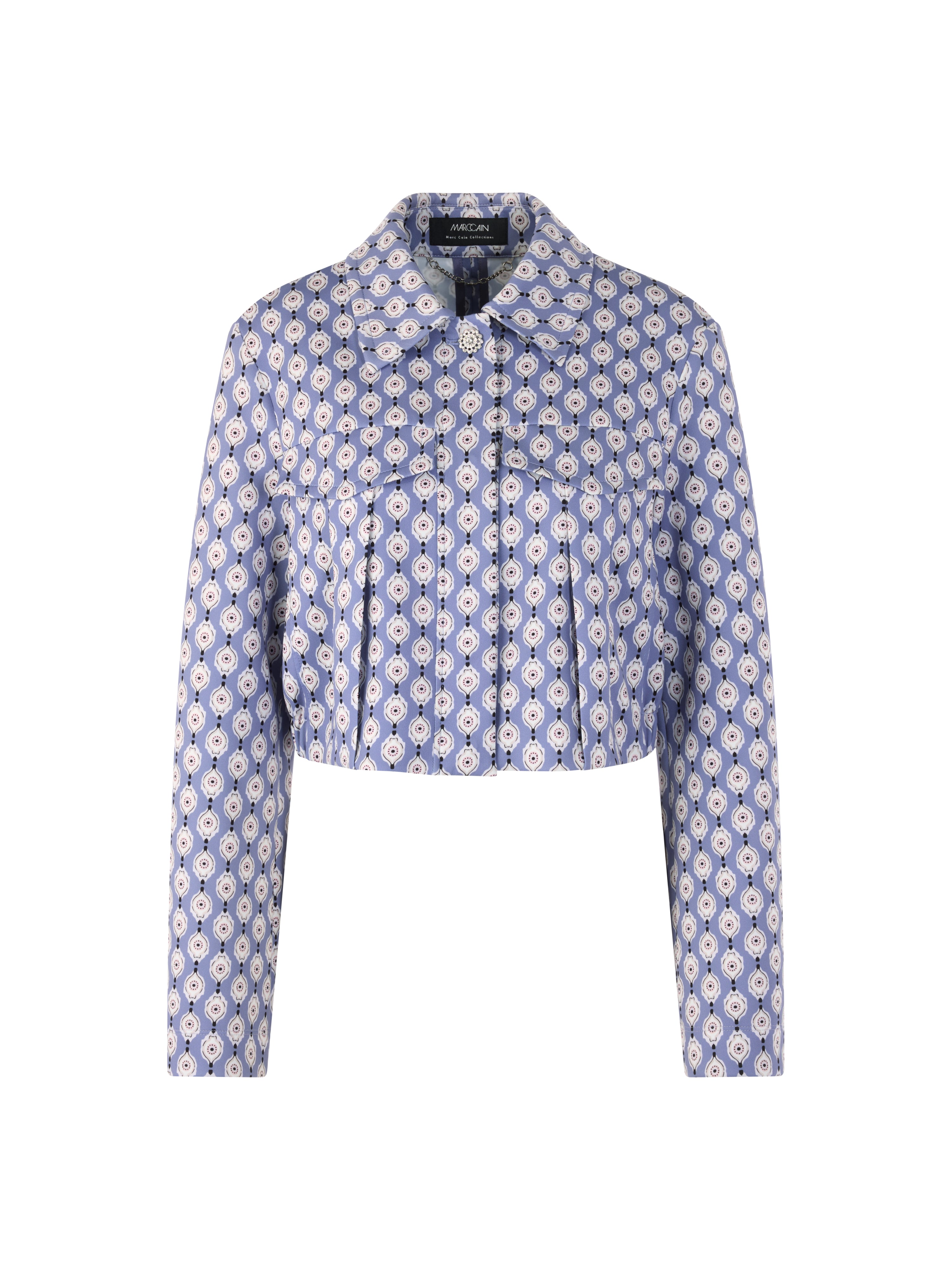 ז'קט קרופ עשוי בד סקובה בגזרה ישרה עם הדפס הרכב: 87% פוליאסטר, 13% אלסטןהדוגמנית בגובה 1.79 ולובשת מידה 3 של מארק קיין