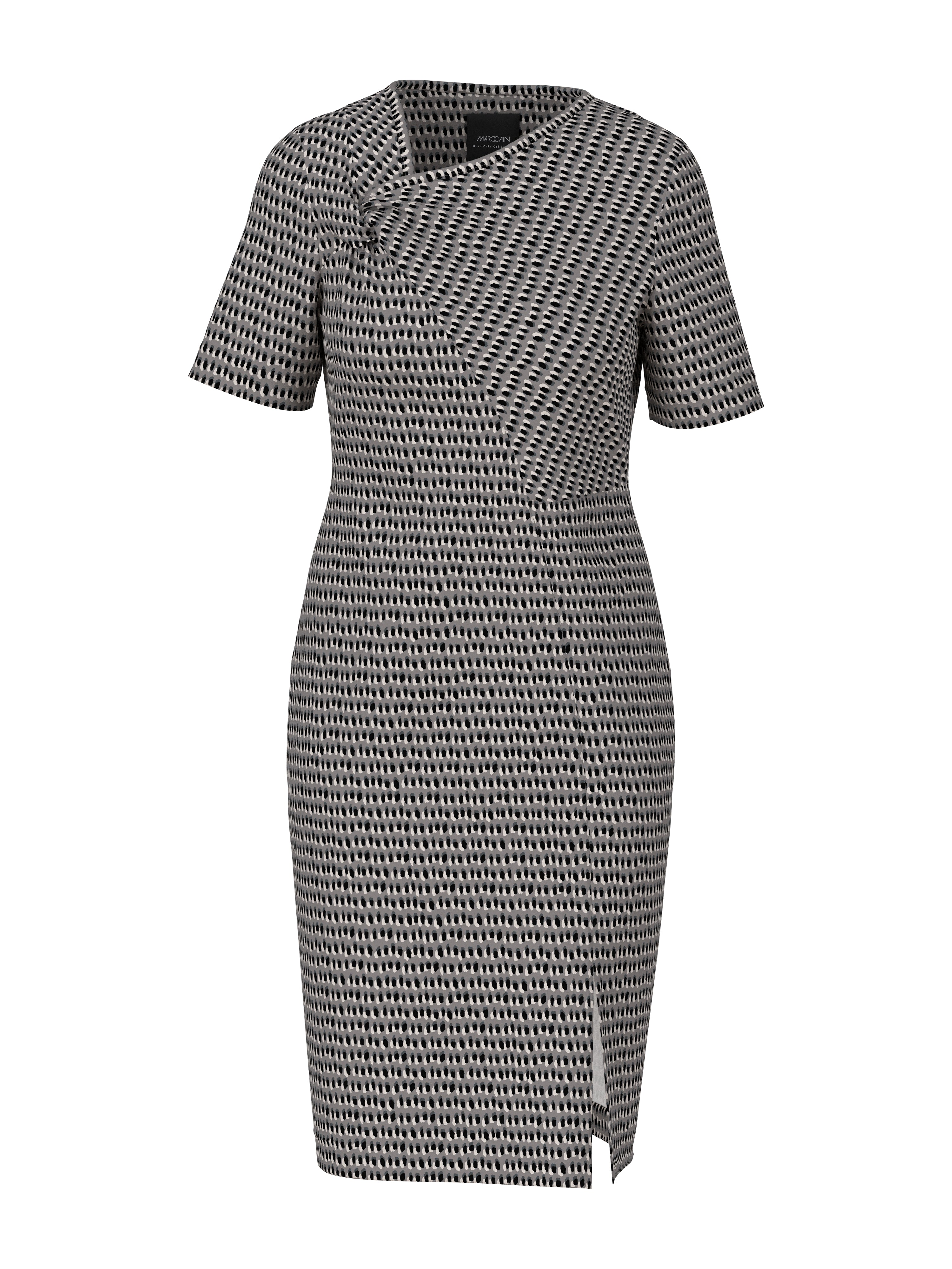 שמלת מידי אסימטרית מבד סקובה נמתח, עם מחשוף אלגנטי, הדפס נקודות ושסע צדדימראה נינוח ליומיום או לערבהרכב: 87% פוליאסטר, 13% אלסטןהדוגמנית בגובה 1.79 ולובשת מידה 3 של מארק קיין