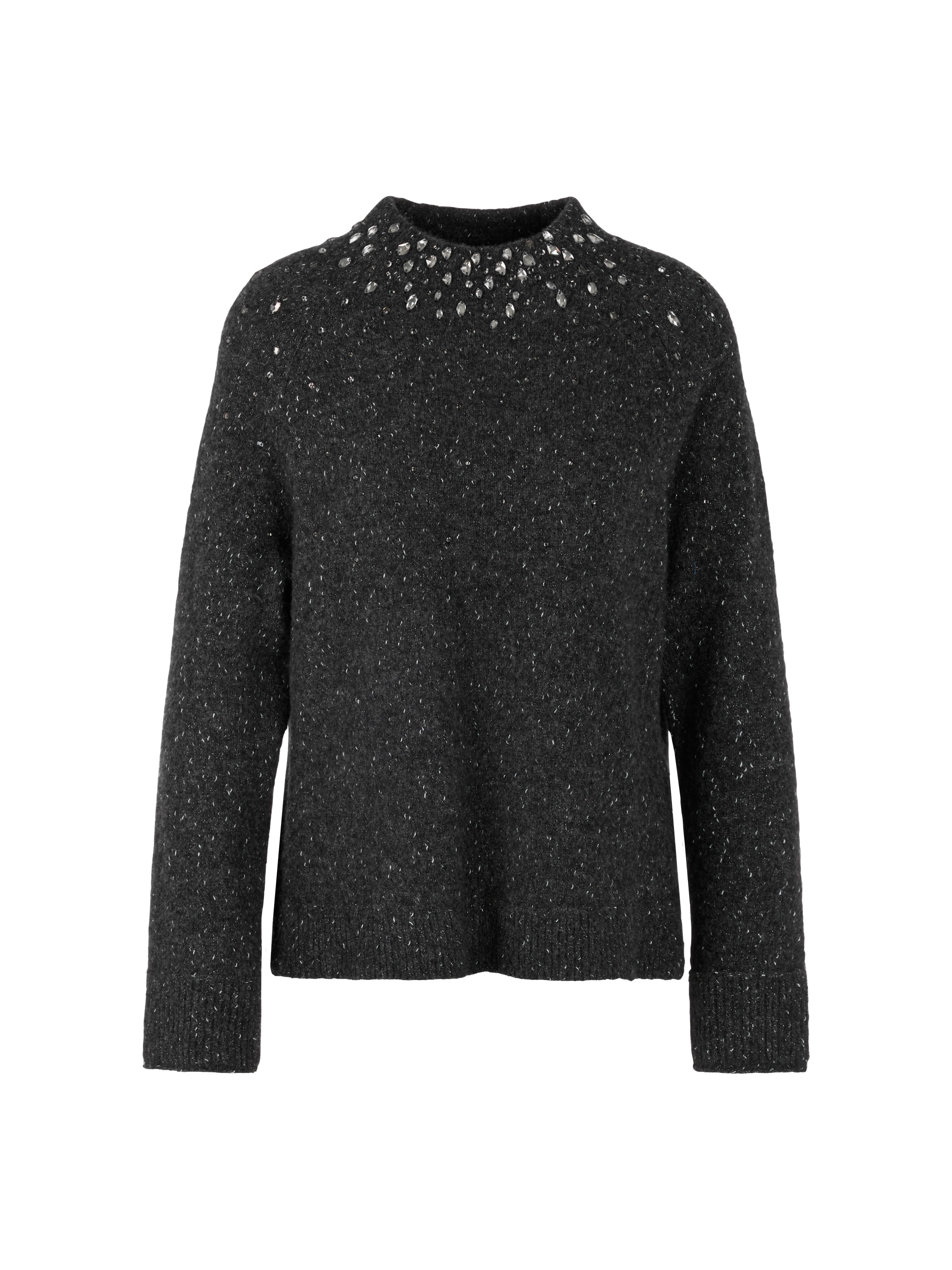 סריג בגוון אפור כהה עם חוטים מבריקים, צווארון גבוה, גזרה רפויה ושרוולים ארוכיםמתאים למראה אלגנטי יומיומי או לאירועים מיוחדיםהרכב בד: 32% פוליאמיד, 27% צמר אלפקה, 27% צמר חדש, 9% פוליאסטר, 5% סיב מתכתיהדוגמנית בגובה 1.79 ולובשת מידה 3 של מארק קיין