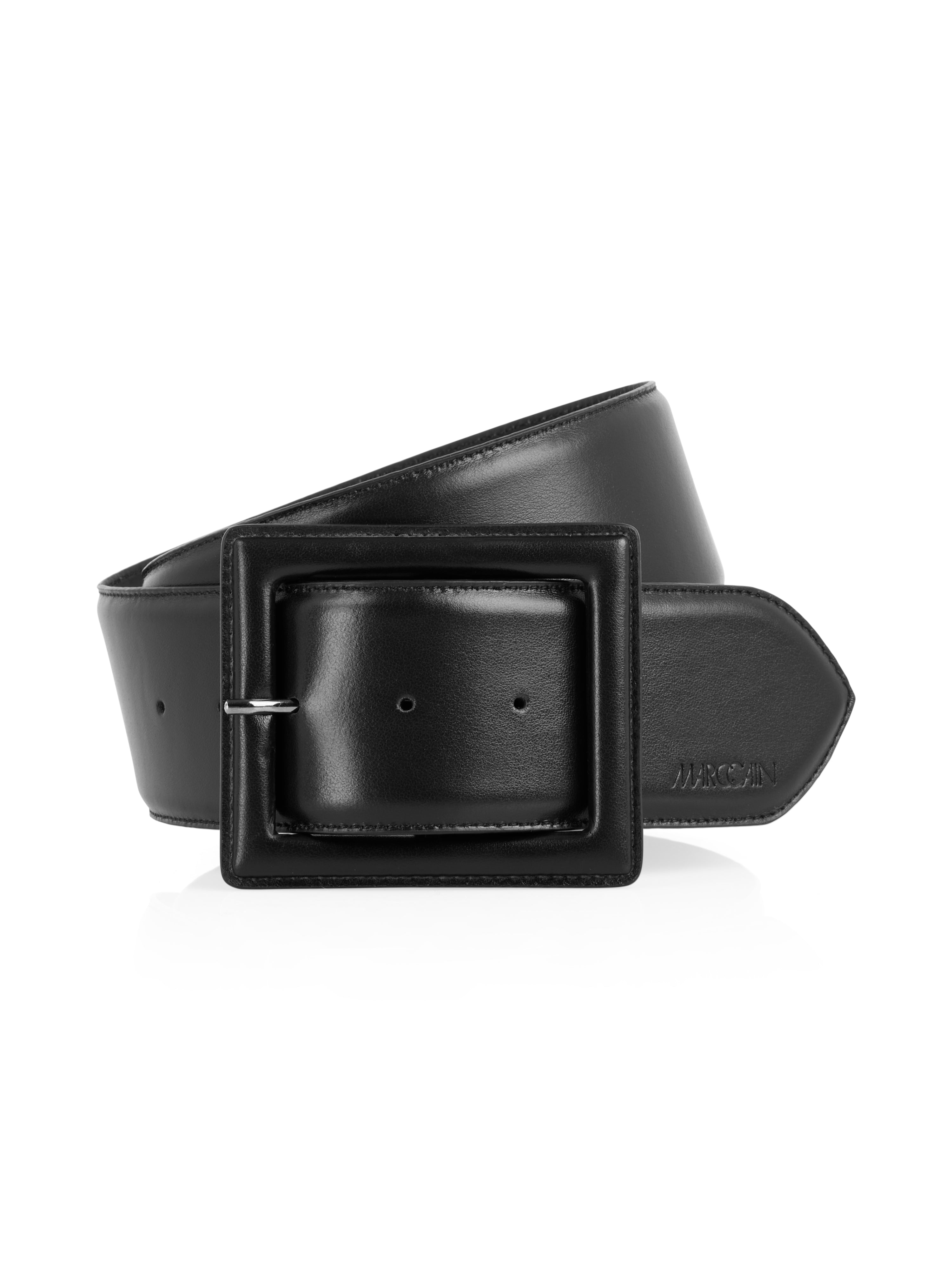 חגורת מותן רחבה בצבע שחור עם אבזם מתכתי מרובע וסמל לוגורוחב: 5.5 ס"מהרכב: 100% עור