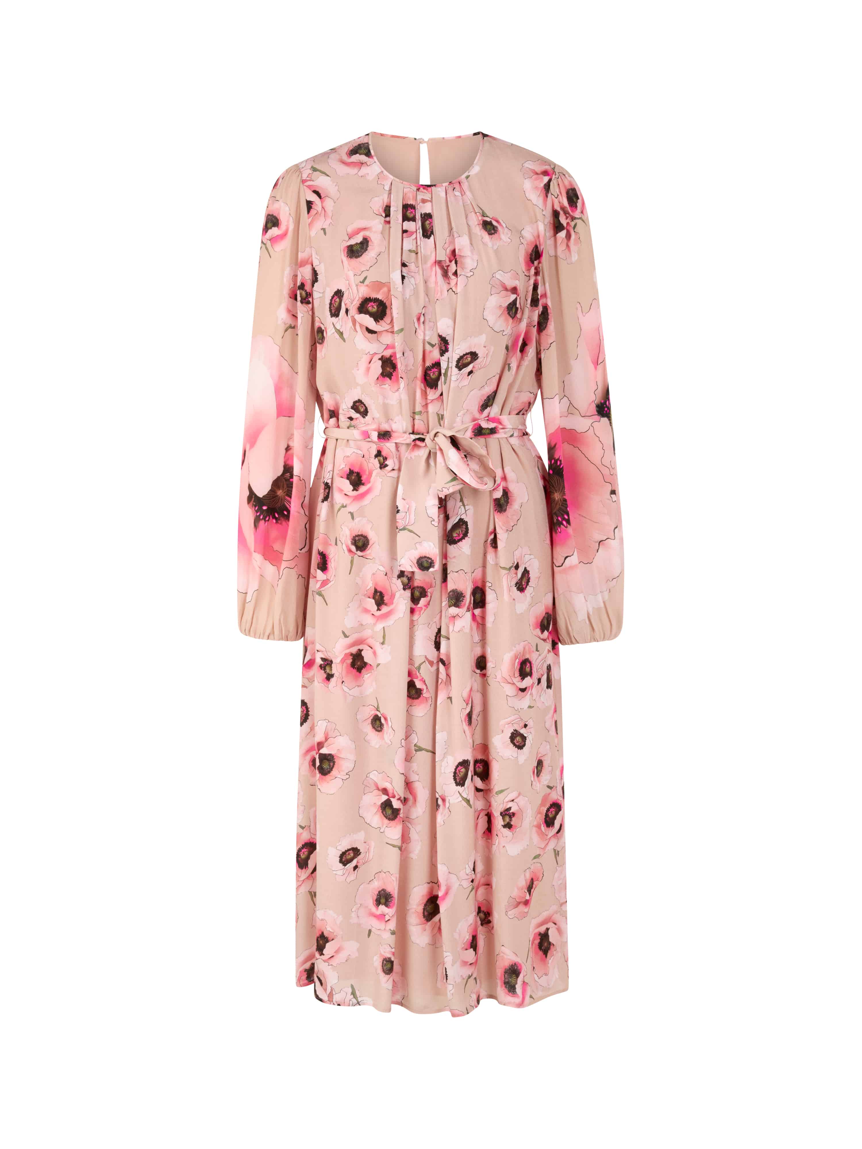 שמלת מידי אלגנטית בצבע ורוד, עם הדפס פרחים עדיןגזרה רפויה עם שרוולים ארוכים, סגירה בכפתורים וחגורת קשירה להדגשת המותןהרכב בד: 100% ויסקוזההדוגמנית בגובה 1.79 מ' ולובשת מידה 3 של מארק קיין