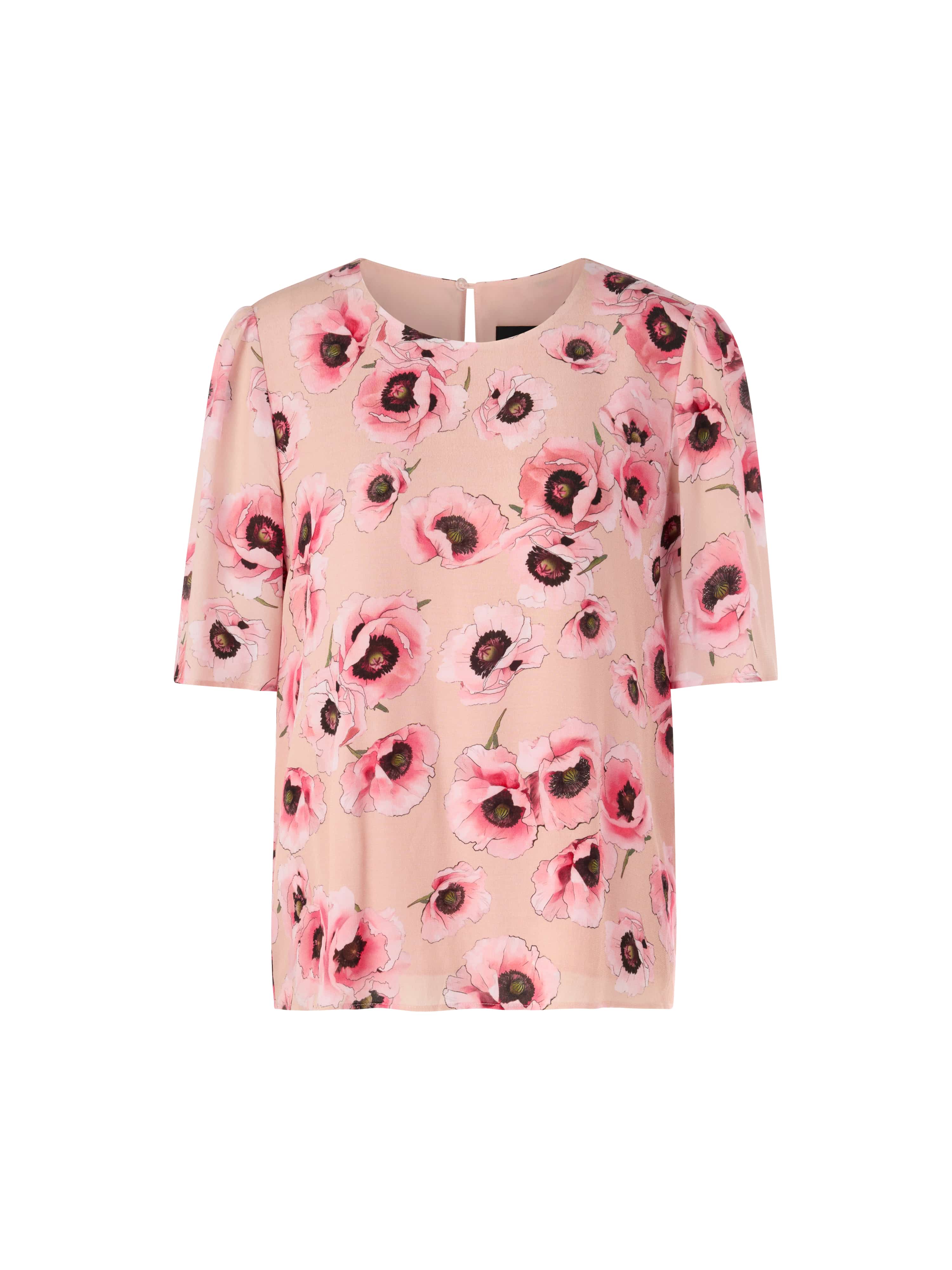 חולצת אלגנטית בגזרה ישרה, בגווני ורוד, עם הדפס פרחים עדיןשרוולים קצרים, וסגירה בגב עם כפתורהרכב הבד: 100% ויסקוזההדוגמנית בגובה 1.79 מ' ולובשת מידה 3 של מארק קיין