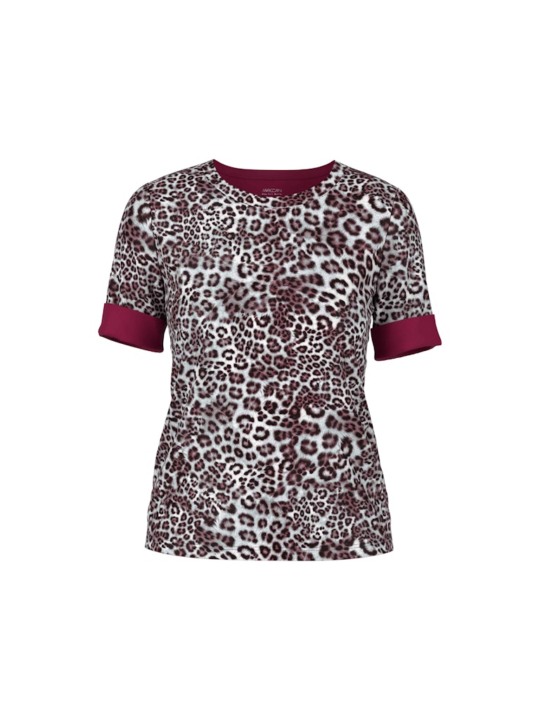 חולצת טישירט בגזרה צמודה לגוף, מבד כותנה ג'רזי נעים ונוח בטקסטורת פסי ריב והדפס מנומר אופנתי. שרוולים באורך המרפק הניתנים לקיפול, וצווארון עגול.הרכב: 94% כותנה אורגנית, 6% אלסטןהדוגמנית בגובה 1.79 ולובשת מידה 3 של מארק קיין