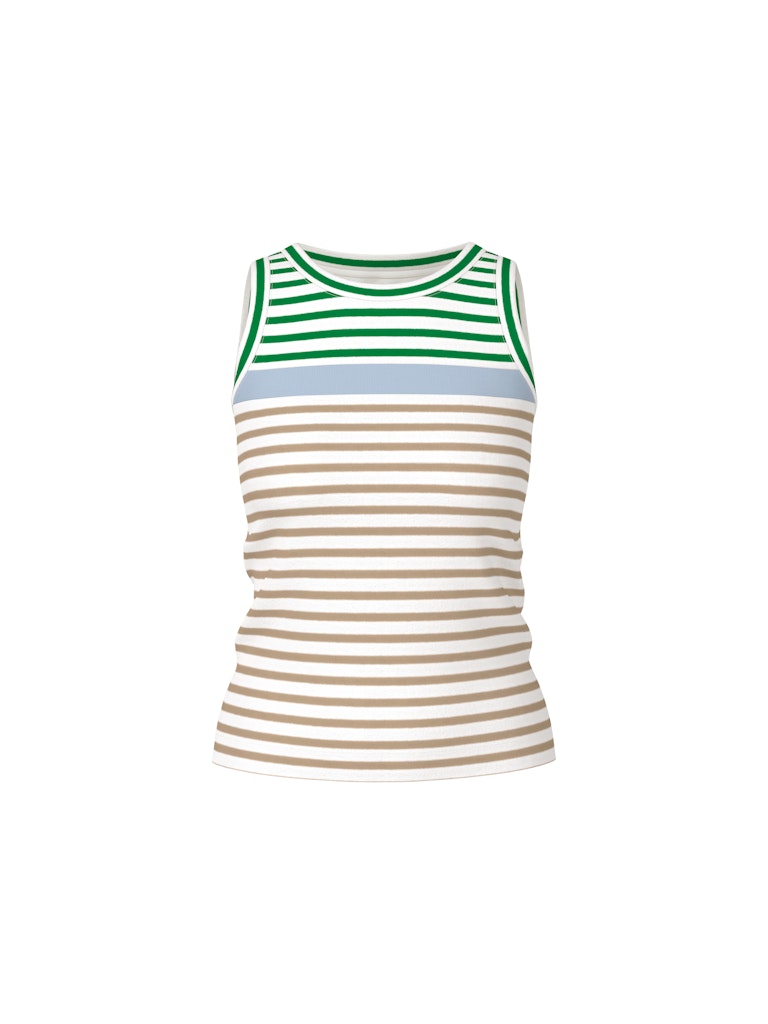 גופייה בגזרה צמודה, עשויה כותנה רכה וגמישה, בדוגמת פסים צבעוניים. עם צווארון עגול וכתפיות רחבות.הרכב: 94% כותנה, 6% אלסטןהדוגמנית בגובה 1.79 ולובשת מידה 3 של מארק קיין