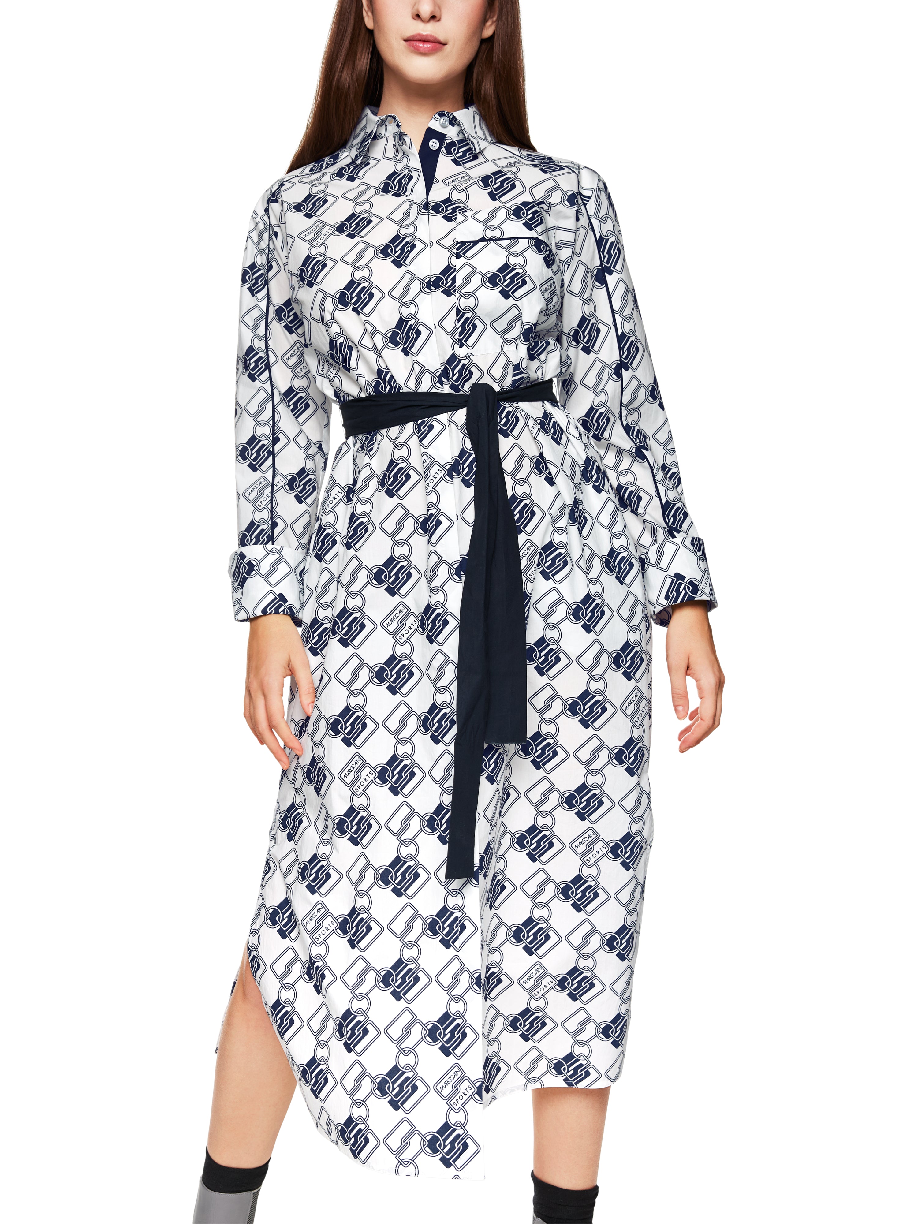 שמלת מידי עם הדפס וחגורת מותן הניתנת להסרההרכב: 100% כותנההדוגמנית בגובה 1.79 ולובשת מידה 3 של מארק קיין