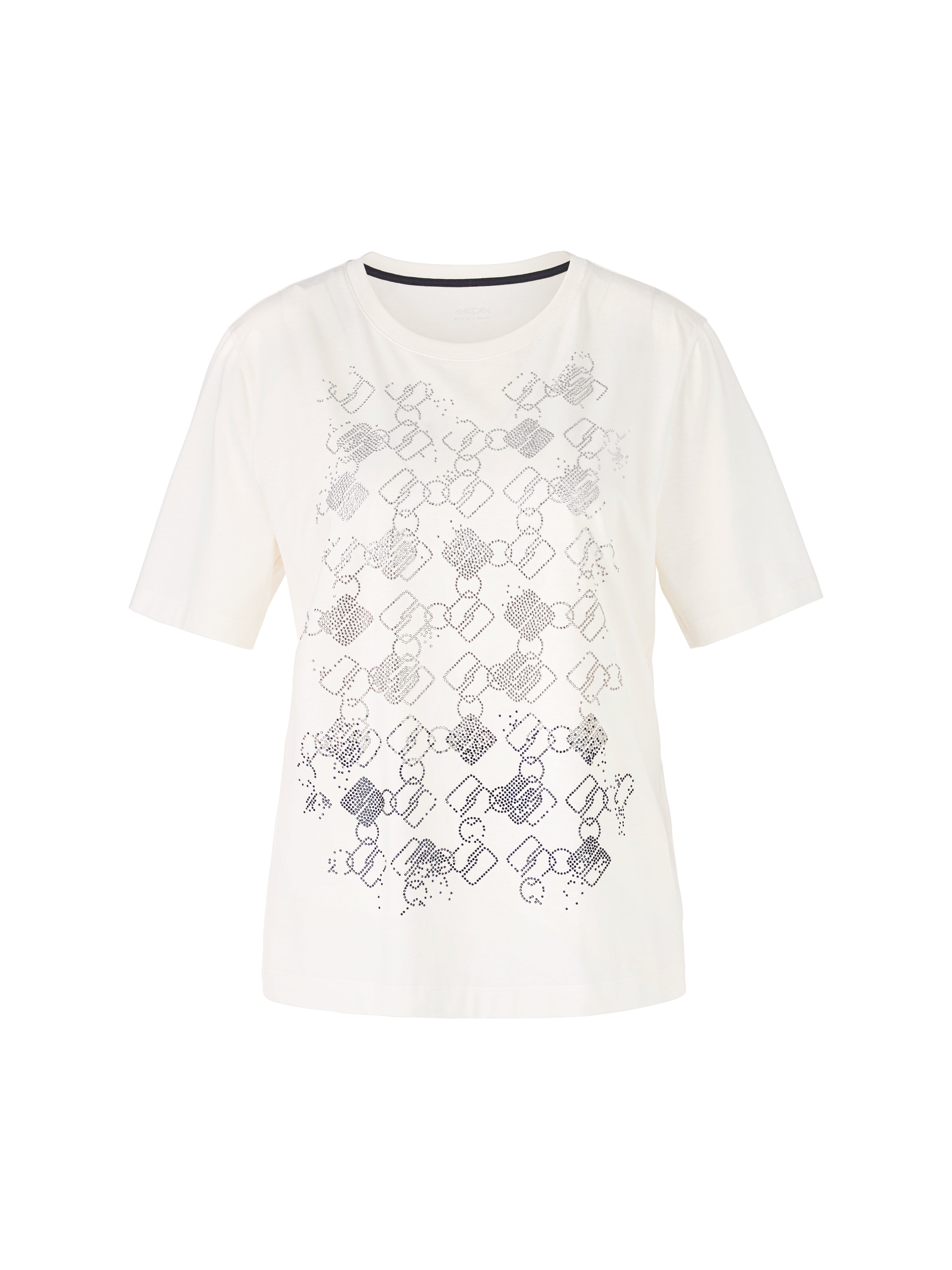 חולצת טי עשויה כותנה עם הדפס גאומטריהרכב: 100% כותנההדוגמנית בגובה 1.79 ולובשת מידה 3 של מארק קיין