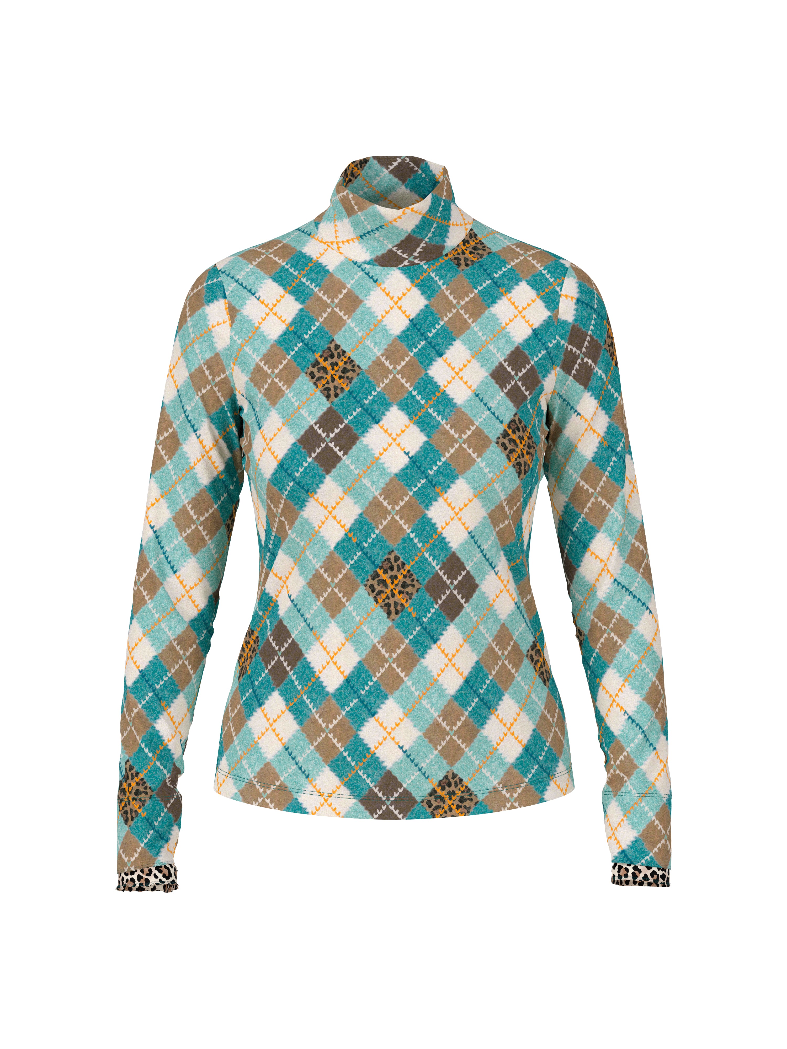 חולצה צמודה עם שרוולים ארוכים וצווארון גולף קלאסימעוטרת בדוגמת משבצות אלגנטית ועם הדפס מנומר על השרווליםהרכב בד: 84% פוליאמיד, 16% אלסטאןהדוגמנית בגובה 1.79 ולובשת מידה 3 של מארק קיין