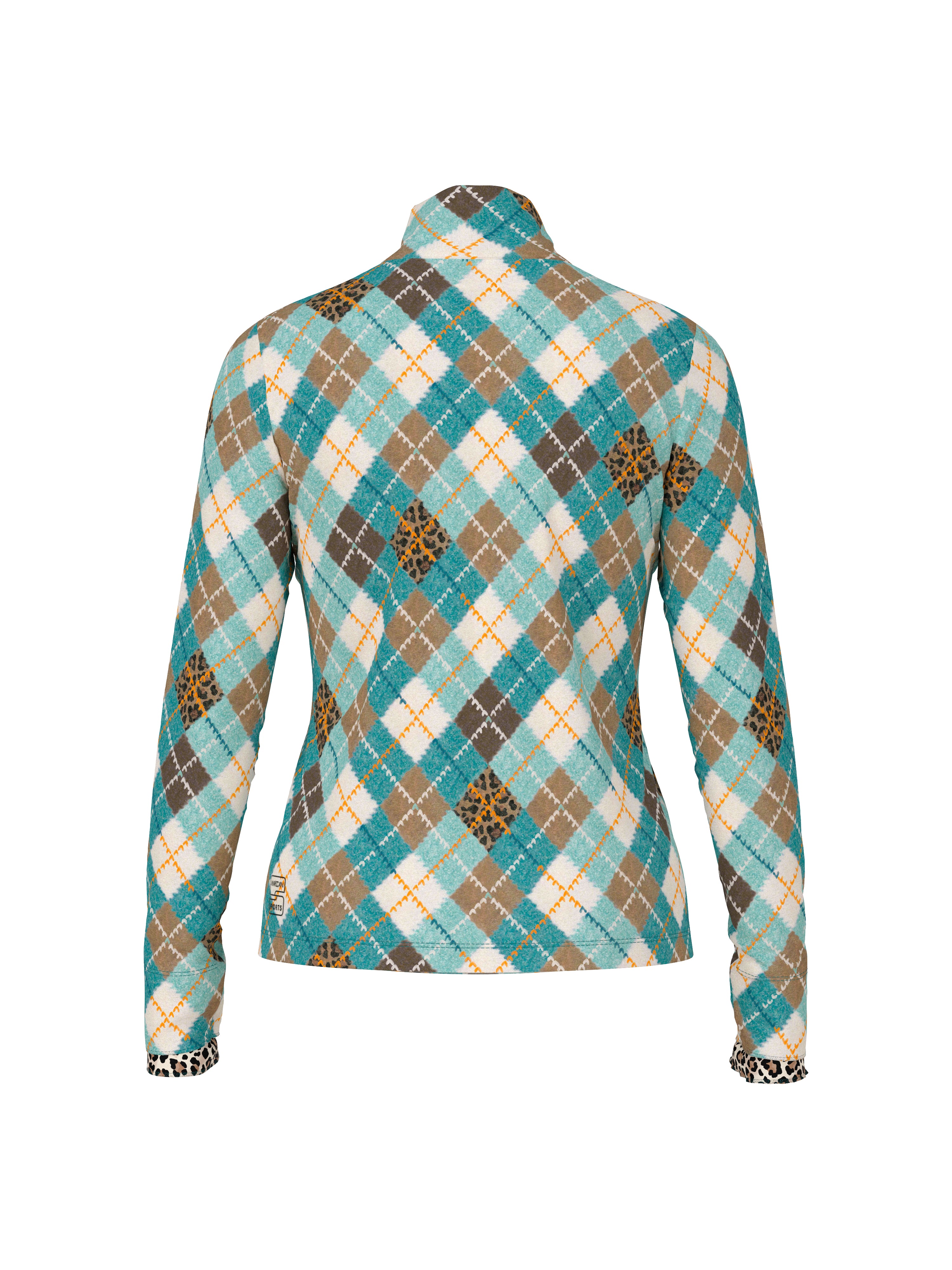 חולצה צמודה עם שרוולים ארוכים וצווארון גולף קלאסימעוטרת בדוגמת משבצות אלגנטית ועם הדפס מנומר על השרווליםהרכב בד: 84% פוליאמיד, 16% אלסטאןהדוגמנית בגובה 1.79 ולובשת מידה 3 של מארק קיין