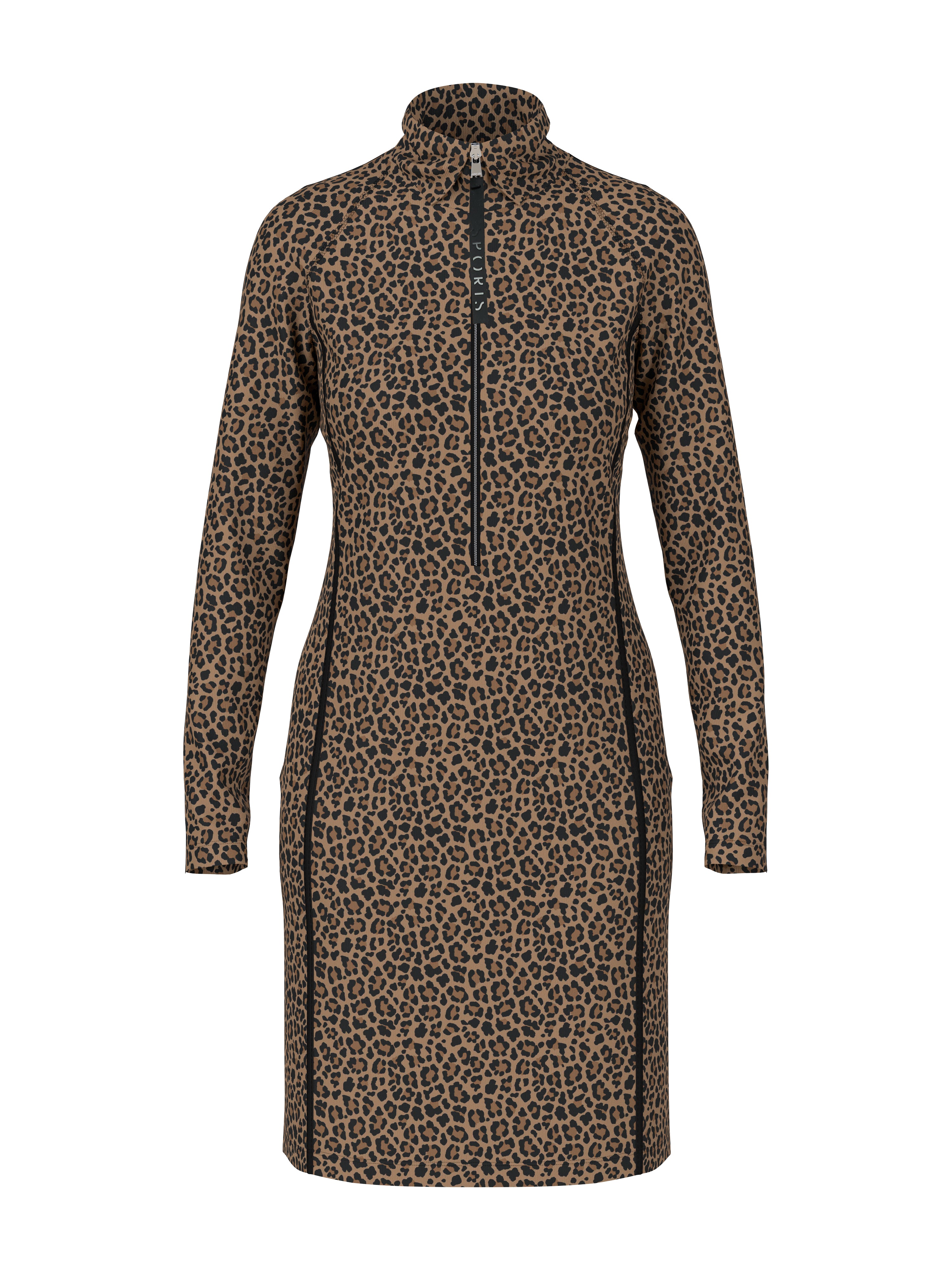 שמלה בגזרה מידי בהדפס מנומר מבד ג’רזי מחוספס ורוכסן פולו עד 40 ס״ממעוטרת ברצועות דקורטיביות בצדדים ובשרווליםהרכב בד: 94% כותנה, 6% אלסטןהדוגמנית בגובה 1.79 מ' ולובשת מידה 3 של מארק קיין