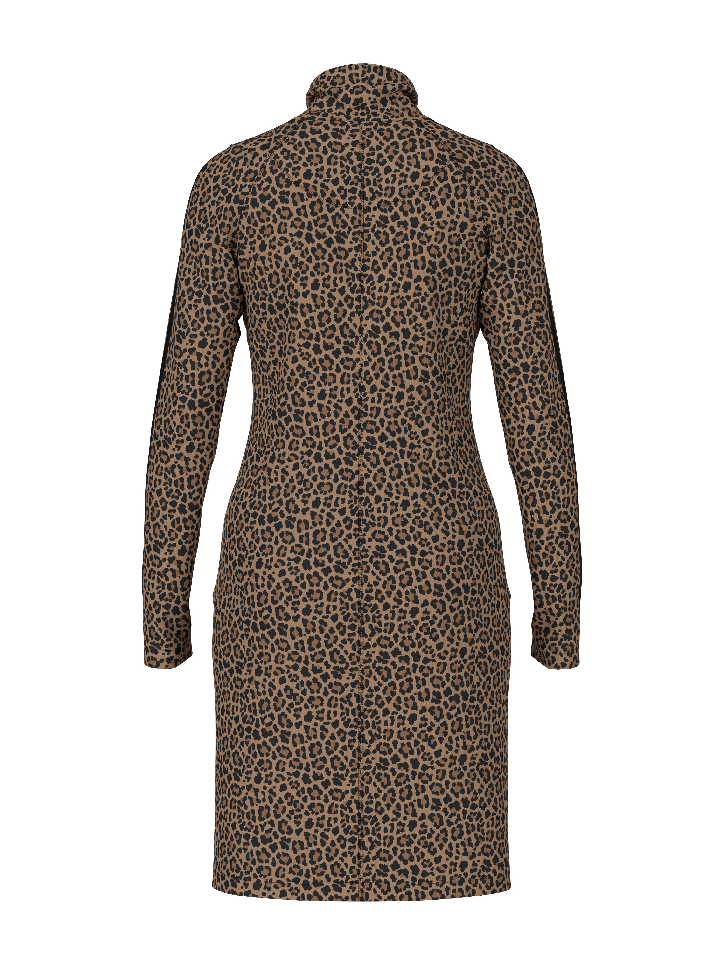 שמלה בגזרה מידי בהדפס מנומר מבד ג’רזי מחוספס ורוכסן פולו עד 40 ס״ממעוטרת ברצועות דקורטיביות בצדדים ובשרווליםהרכב בד: 94% כותנה, 6% אלסטןהדוגמנית בגובה 1.79 מ' ולובשת מידה 3 של מארק קיין