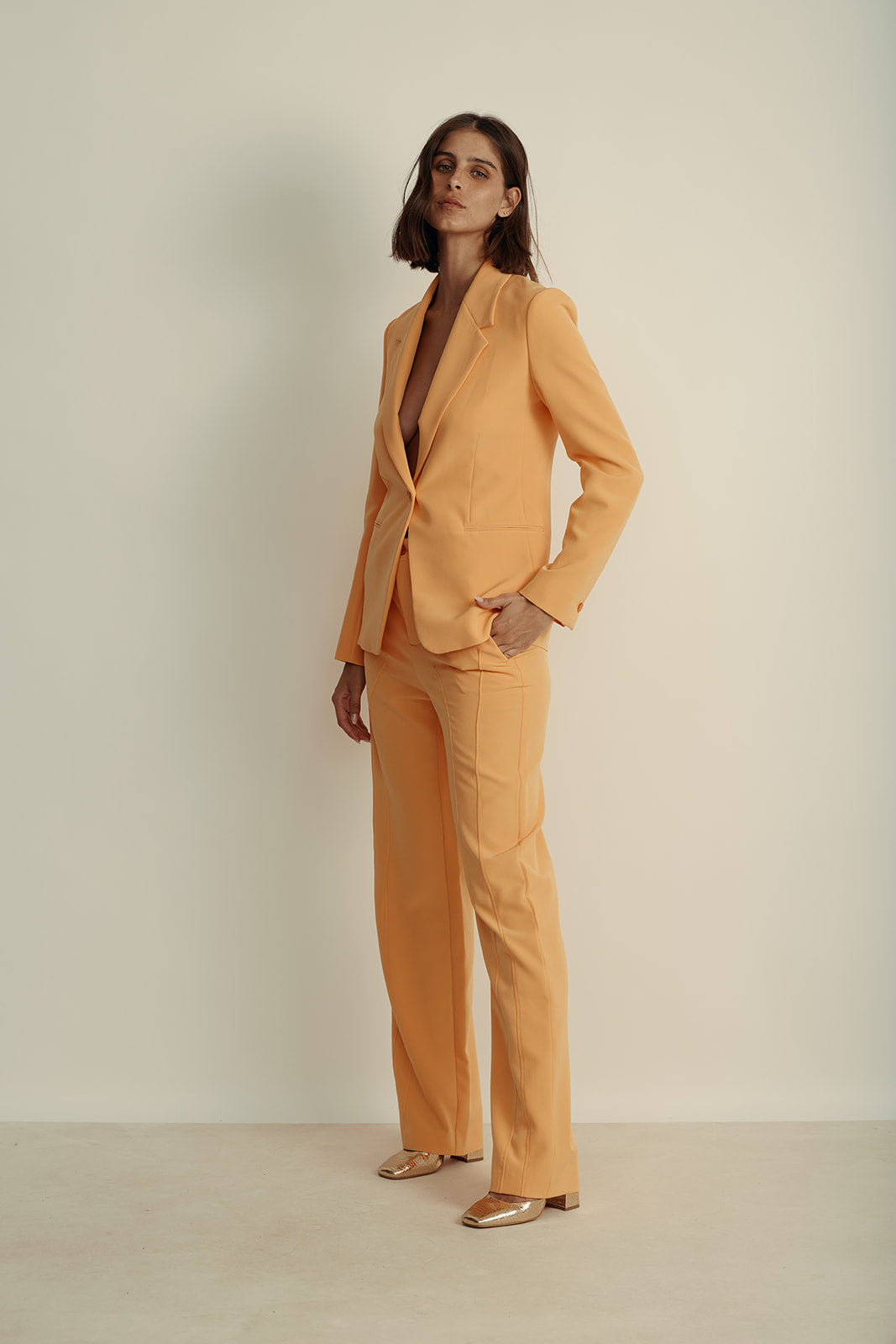 בלייזר מחוייט מקולקציית MOSCHINO Jeans עם כיסים נסתריםהרכב: 88% פוליאסטר, 12% אלסטןהדוגמנית בגובה 1.80 ולובשת מידה 42 איטלקית