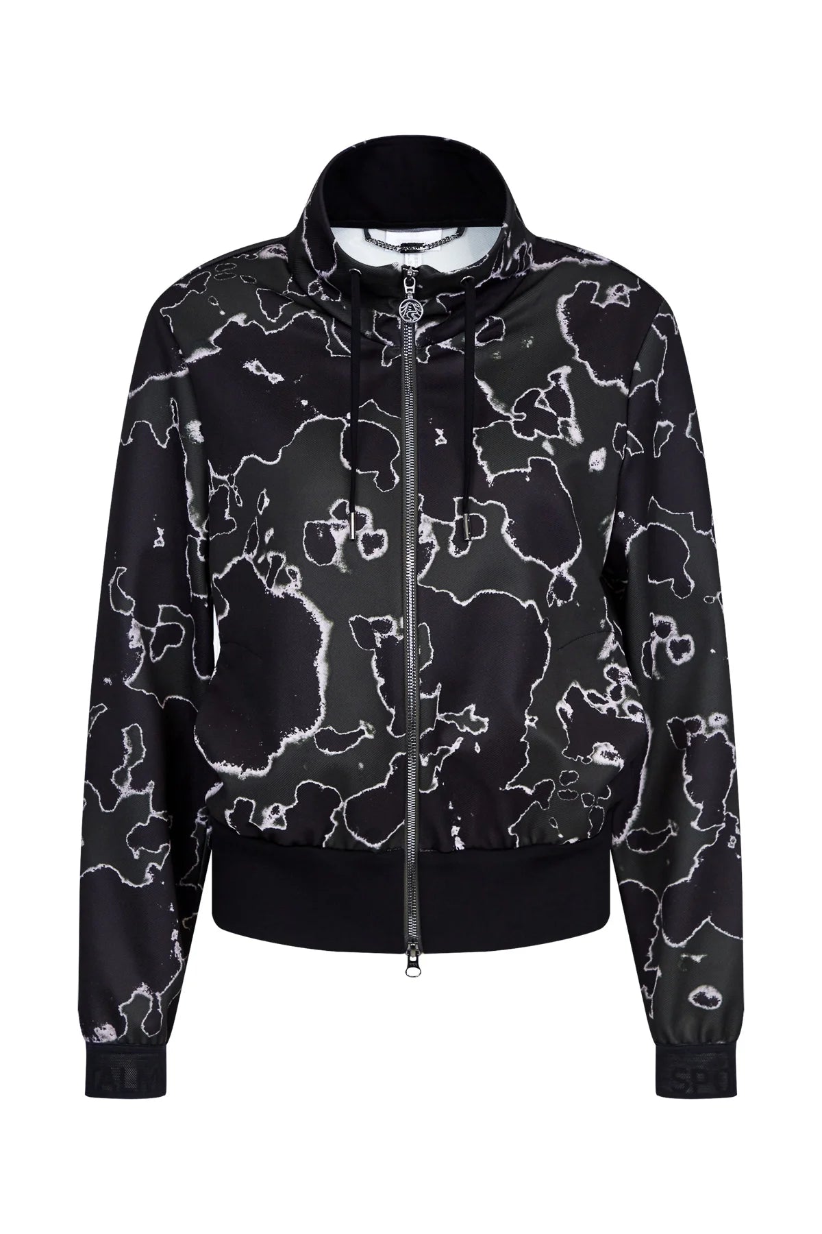 סווטישרט עם רוכסן דו צדדי בהדפס שחור לבןהרכב: 90% פוליאוריטן, 10% אלסטןהדוגמנית בגובה 1.78 ולובשת מידה 36 אירופאית