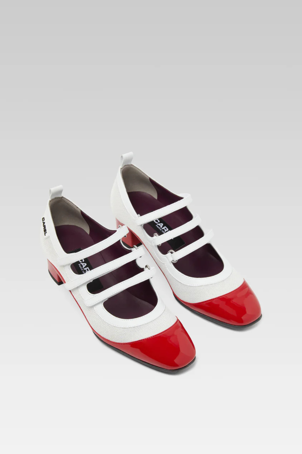 נעלי עקב עם 3 רצועות, בצבע אדום משולב עם רשת לבנה, הרכב: 100% עור אקולוגי עם סוליית גומיגובה העקב: 4 ס"מ