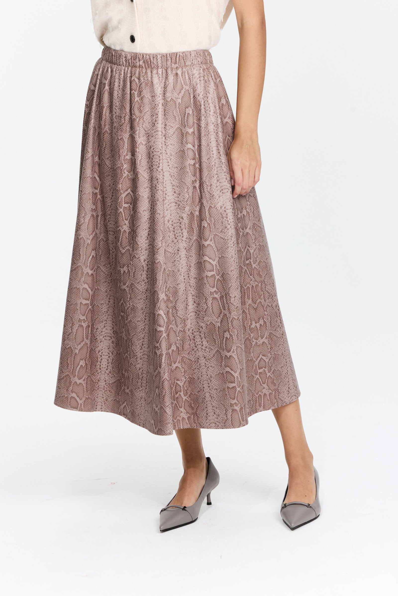 חצאית מידי בגזרה רחבה עם הדפס נחש ומותן אלסטיהרכב הבד: 100% פוליאסטרהדוגמנית בגובה 1.75 ולובשת מידה II של Forte Forte