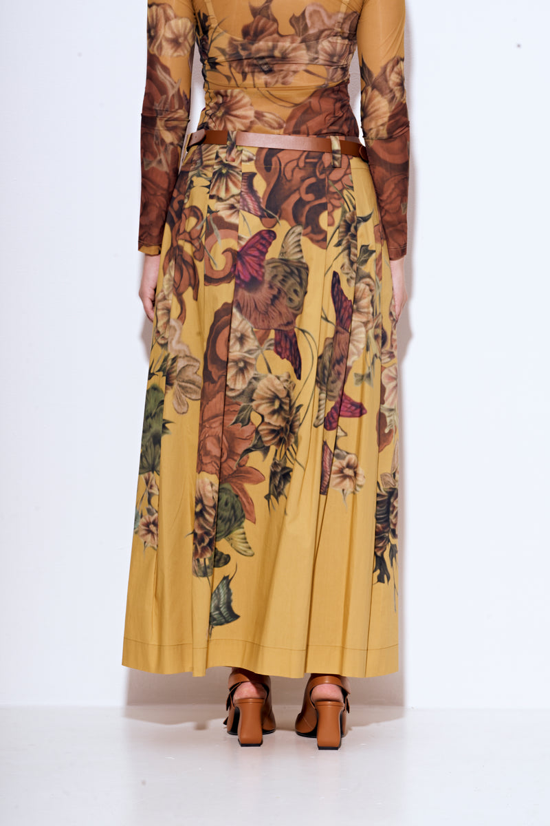 חצאית מקסי מכותנה בגזרת פלייר הדפס פרחים על רקע חרדל