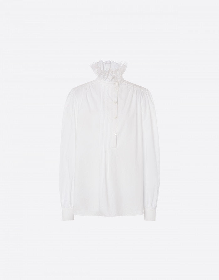 חולצה מכופתרת אלגנטית עם צווארון גבוה בסיומת מלמלההרכב: 100% כותנההדוגמנית בגובה 1.77 ולובשת מידה 42 איטלקית