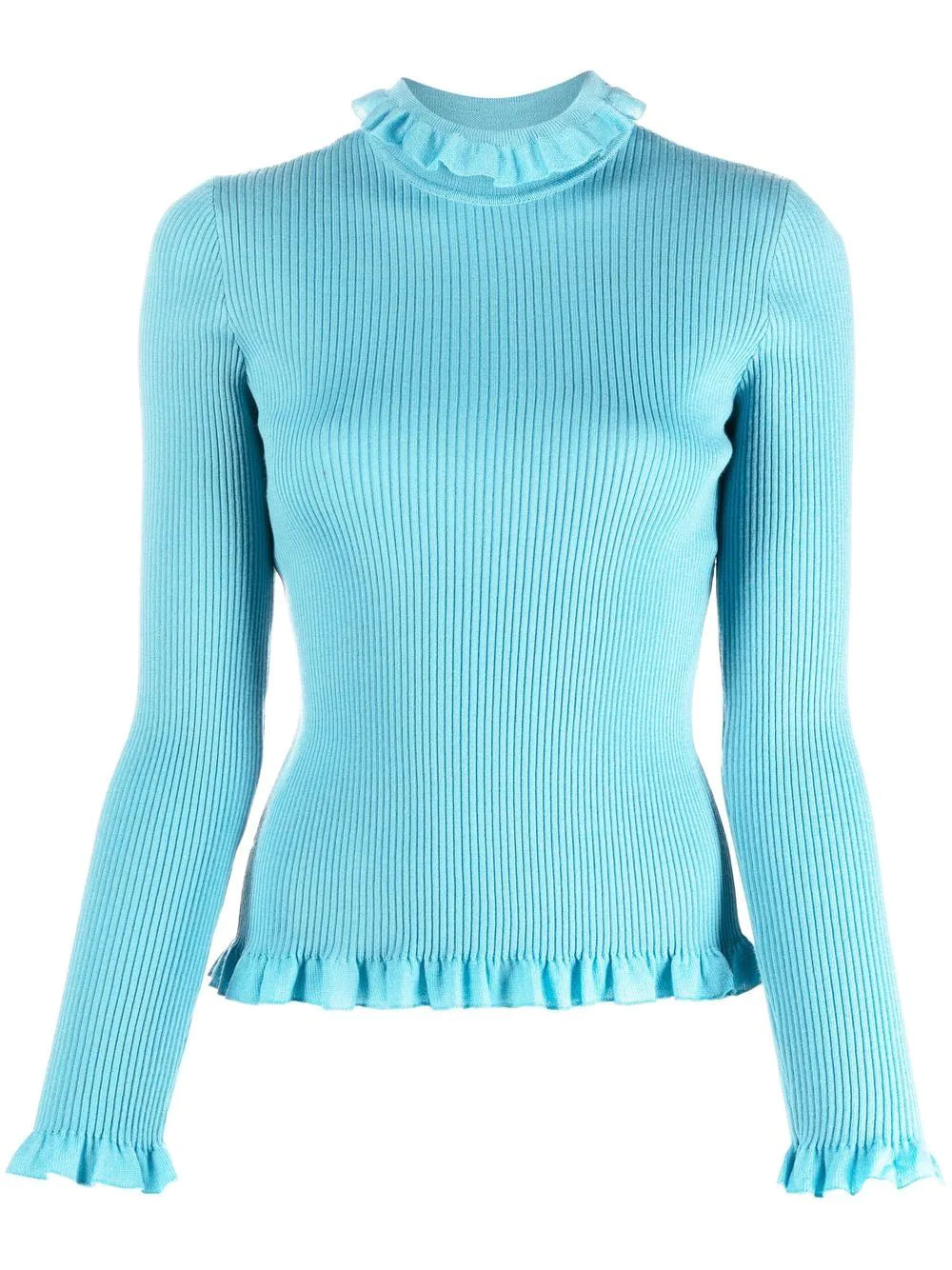 סריג גולף מקולקציית Boutique MOSCHINO עם גימורי ראפלס בסיומת הרכב: 100% צמר וירג'יןהדוגמנית בגובה 1.74 ולובשת מידה 40 איטלקית