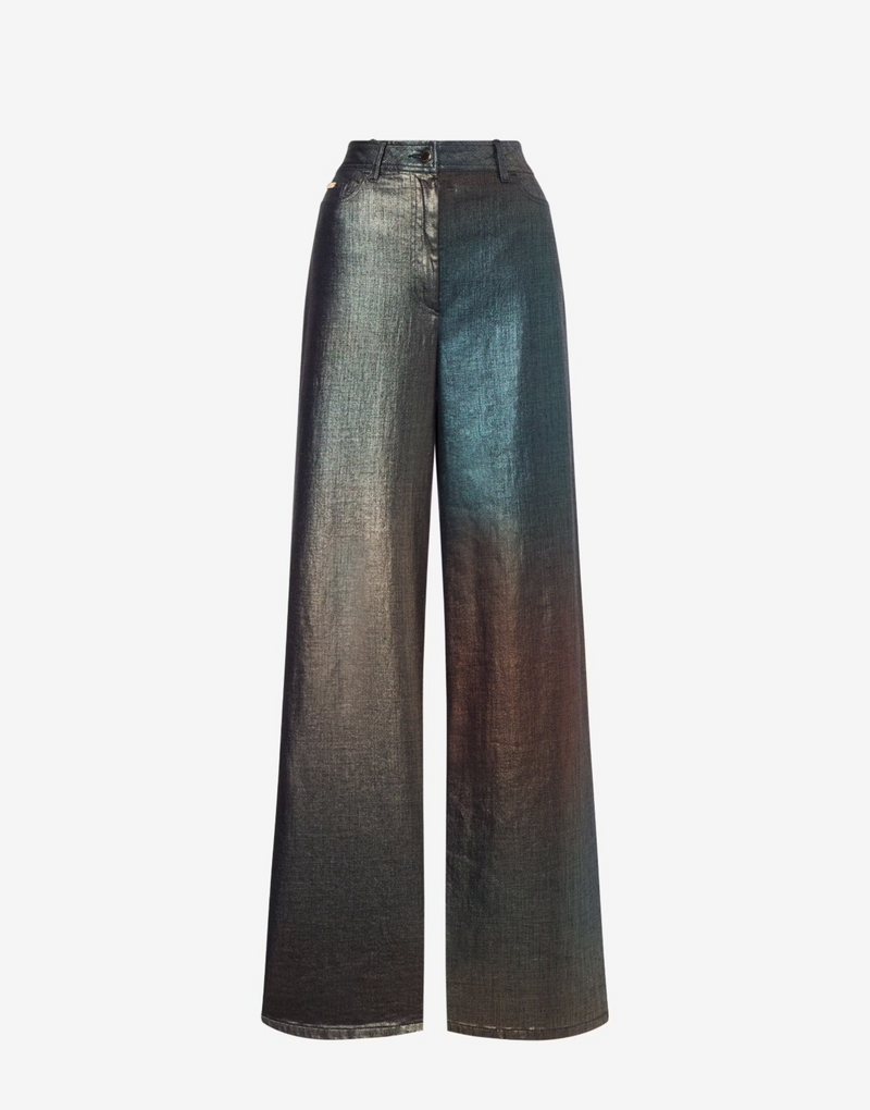מכנסי ג'ינס סטרצ'ים רגל רחבה באפקט אפור כסוף משנה צבע
