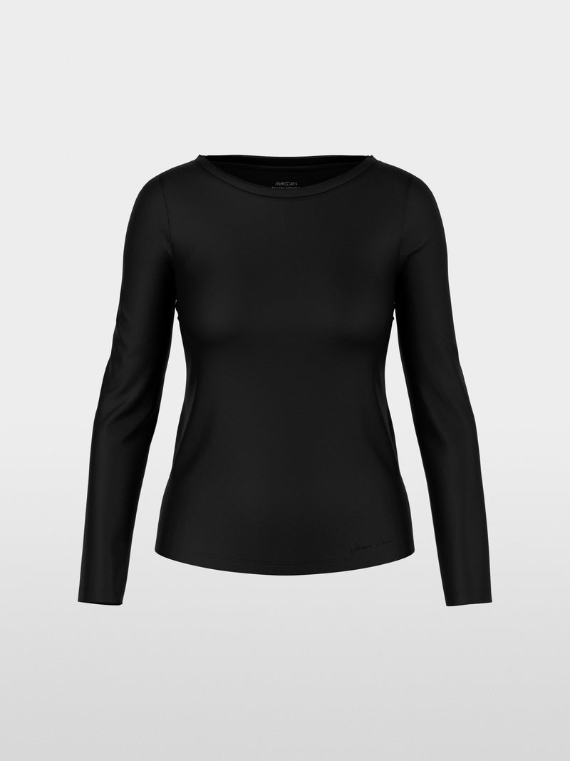 חולצה זו בגזרה צרה (Slim fit) עם שרוולים ארוכים משלבת כותנה סטרצ'ית איכותית עם פרטים אקסקלוסיביים. הגזרה הצמודה לגוף מבטיחה סילואט עכשווי ונוחות מעולה. פרט ייחודי: קו הצוואר העגול הקלאסי, המקבל מראה אלגנטי הודות לשוליים דו-שכבתיים ממשי טהור.עיצוב בגזרה צרה, שרוולים ארוכים, קו צוואר עגול, וכיתוב Marc Cain.הרכב: 92% כותנה, 8% אלסטןפתיון: 100% משיהדוגמנית בגובה 1.79 ולובשת מידה 3 של מארק קיין