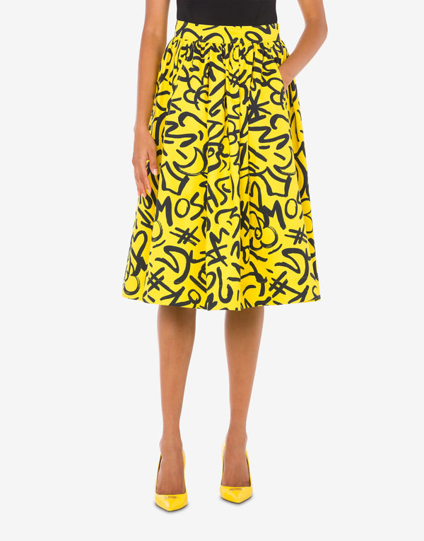 חצאית כותנה בגזרת A ליין צהובה עם פרינט שרבוטים בשחור