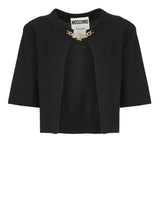 קרדיגן קרופ קצר בצבע שחור עם שרשרת סגירה בצווארון שרוול אורך מרפק