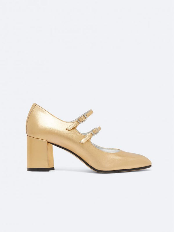 נעלי מרי ג'יין מעור עם עקב 6 ס"מ בצבע זהב עם שתי רצועות