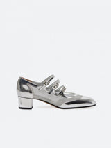 נעלי מרי ג'יין מעור בשילוב רשת עקב 4 ס"מ צבע כסוף עם שתי רצועות