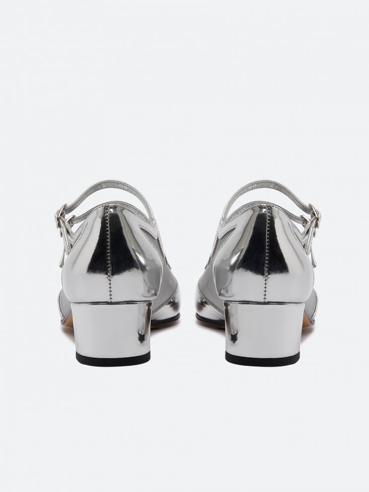 נעלי מרי ג'יין מעור בשילוב רשת עקב 4 ס"מ צבע כסוף עם שתי רצועות