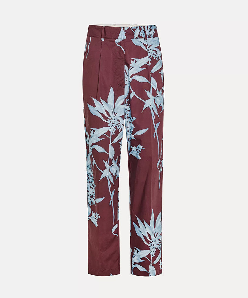 מכנסי כותנה בגזרה גבוהה רגל ישרה עם הדפס פרחים בתכלת